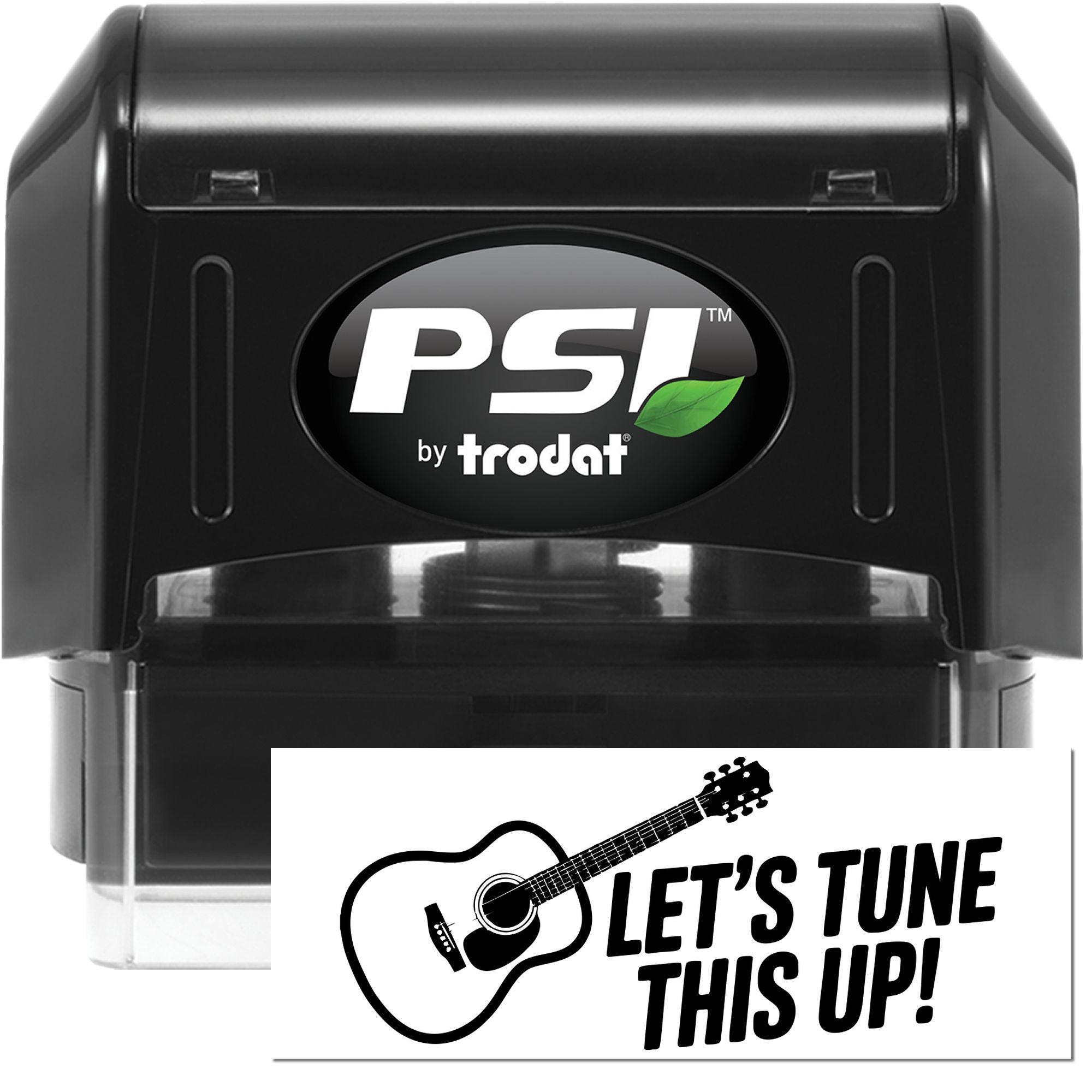 PSI by Trodat self-inking rubber stamp with guitar design and Lets Tune This Up! message for music teachers.