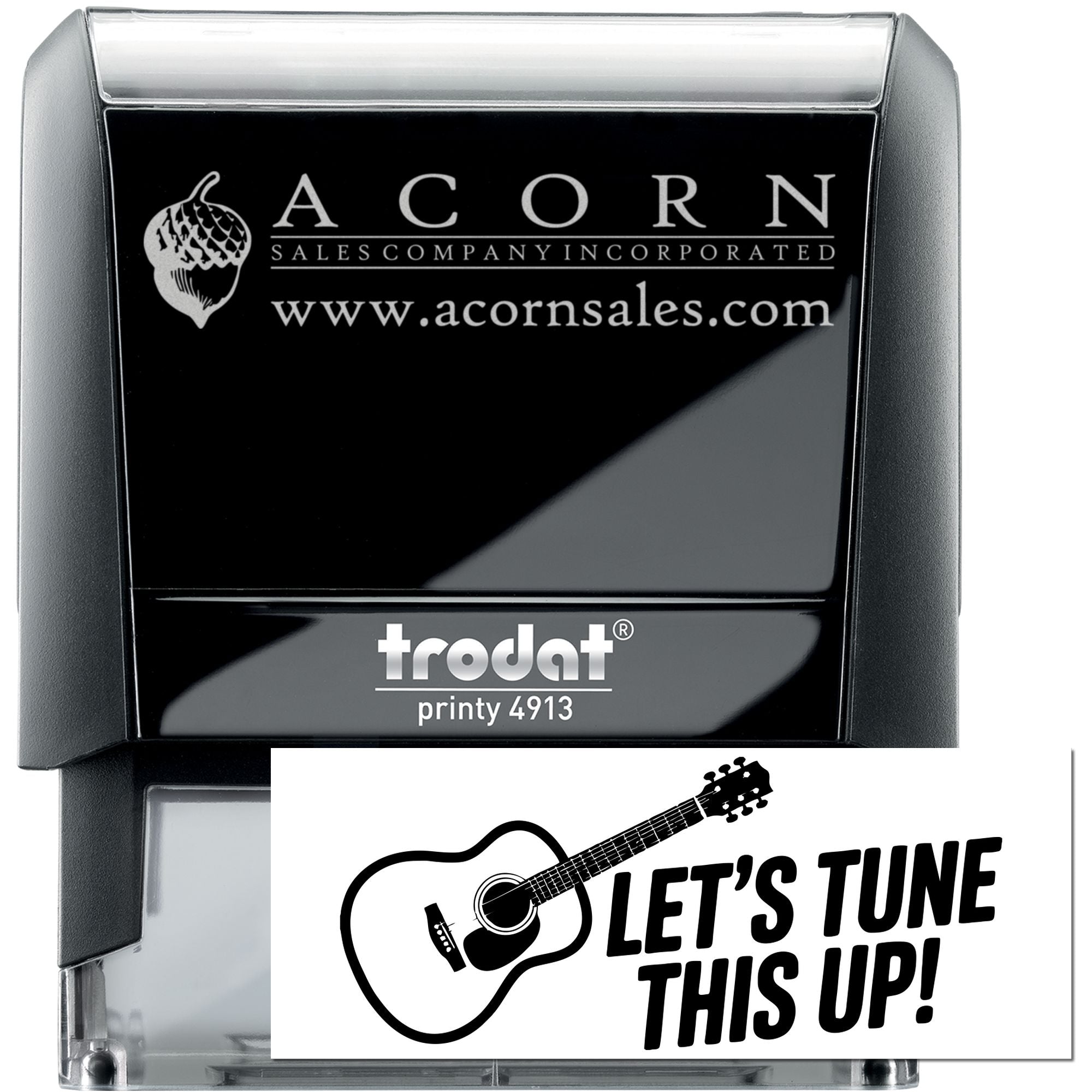 Custom self-inking rubber stamp, Trodat Printy 4913, showing Acorn Sales logo and guitar Lets Tune This Up! imprint.