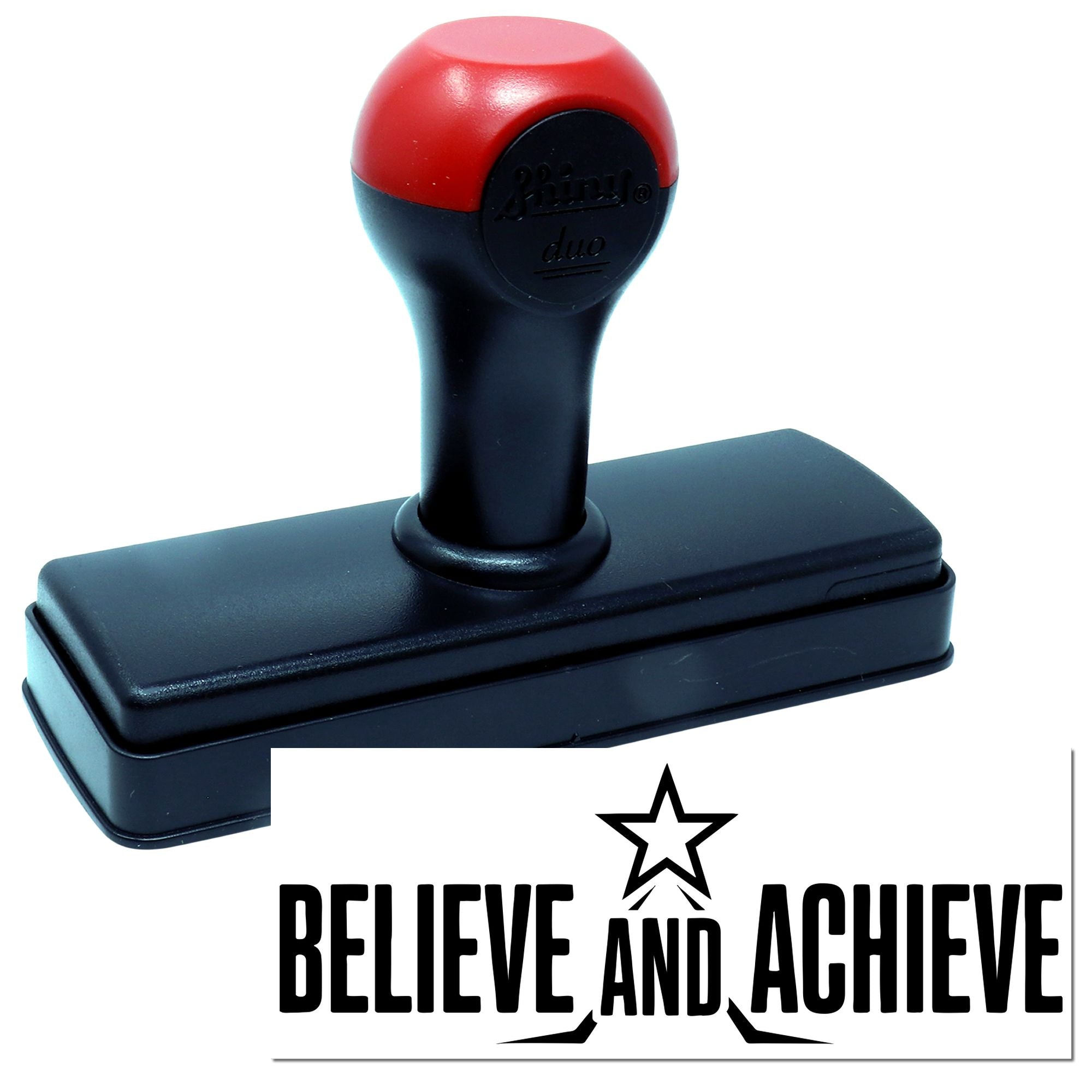 Self-inking rubber stamp with Believe and Achieve motivational imprint for office or business use