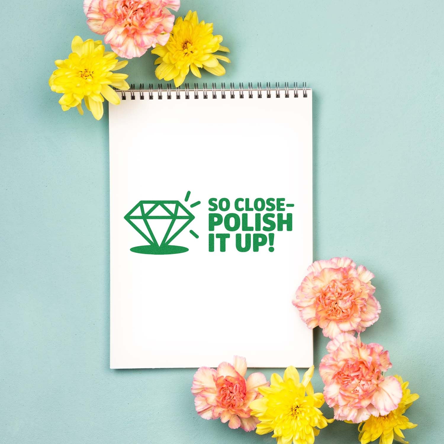 Rubber stamp design with diamond icon and So ClosePolish It Up! for nail art, manicure, and salon projects.