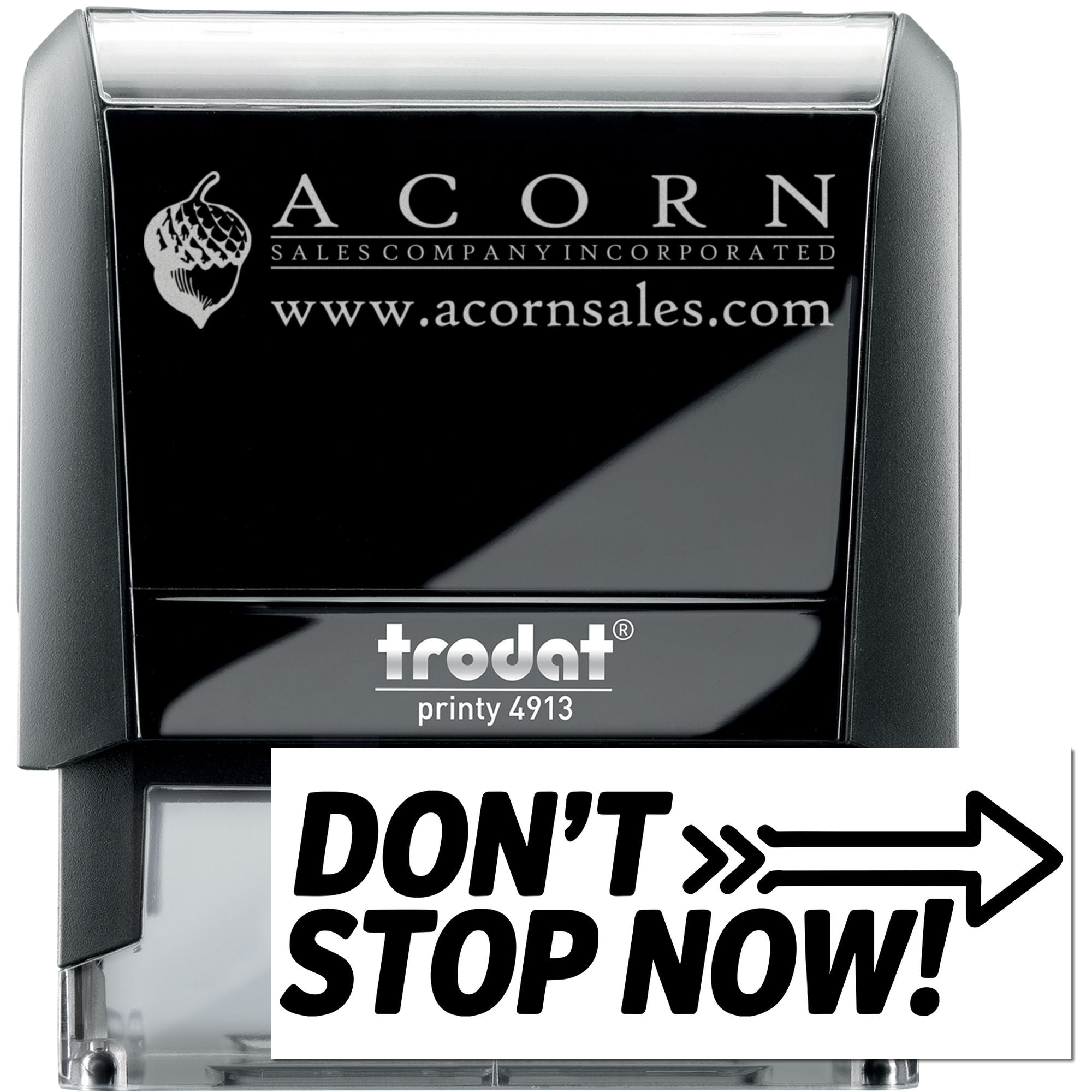 Custom self-inking rubber stamp, Trodat Printy 4913, featuring Acorn Sales logo and website for branded business use.