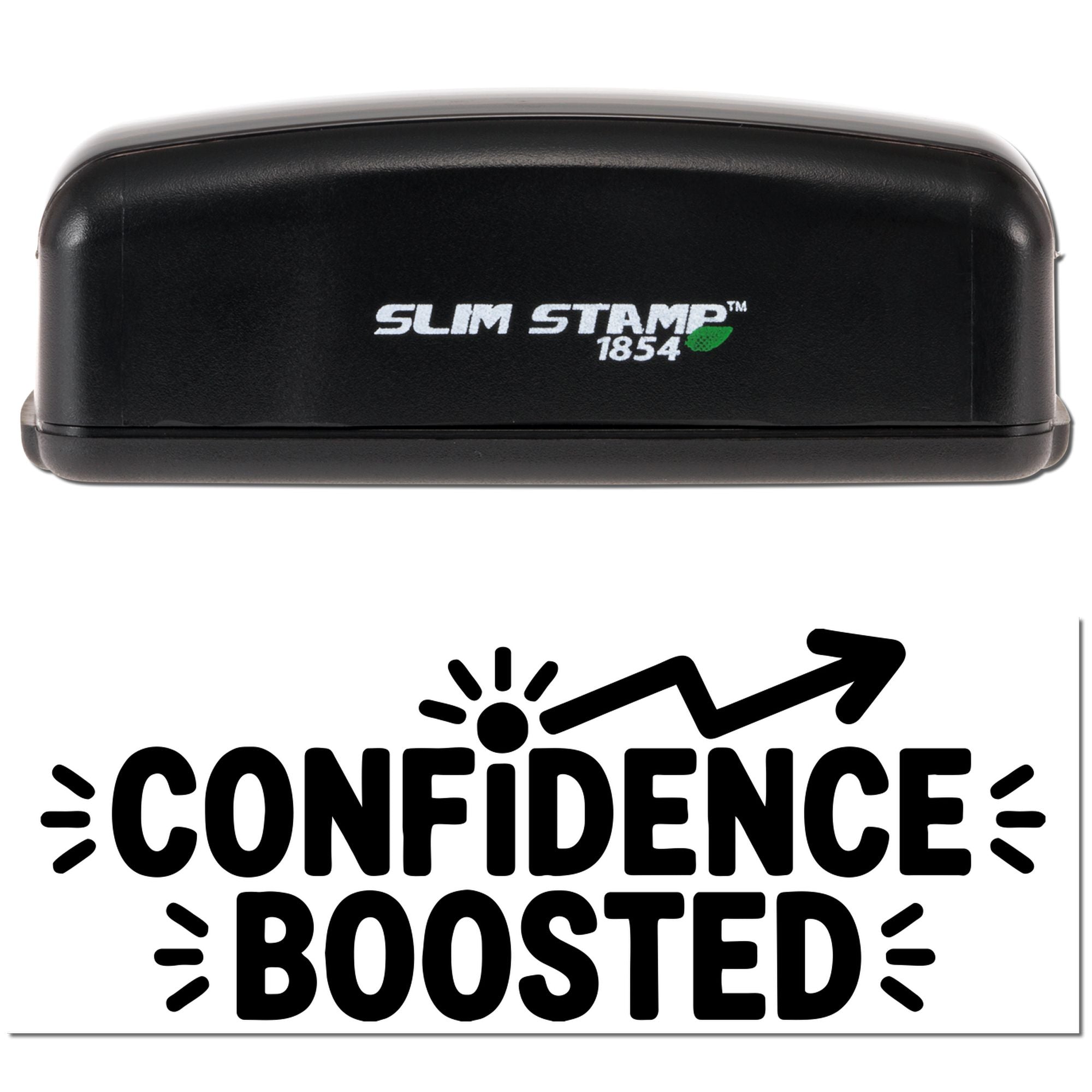 Slim Stamp self-inking rubber stamp with Confidence Boosted imprint and upward arrow for motivational branding.