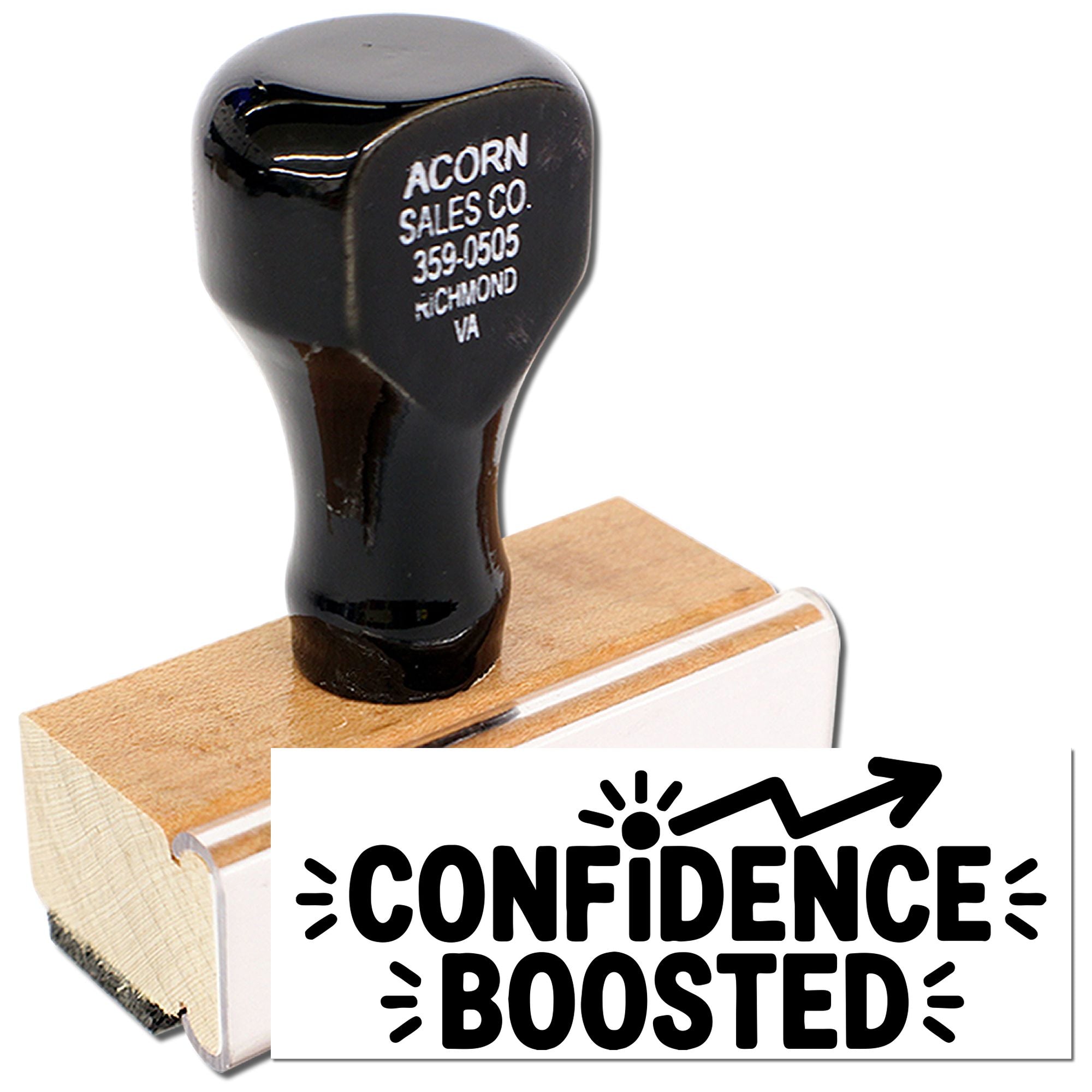 Custom rubber stamp with Confidence Boosted imprint for motivational branding, packaging, and office use.