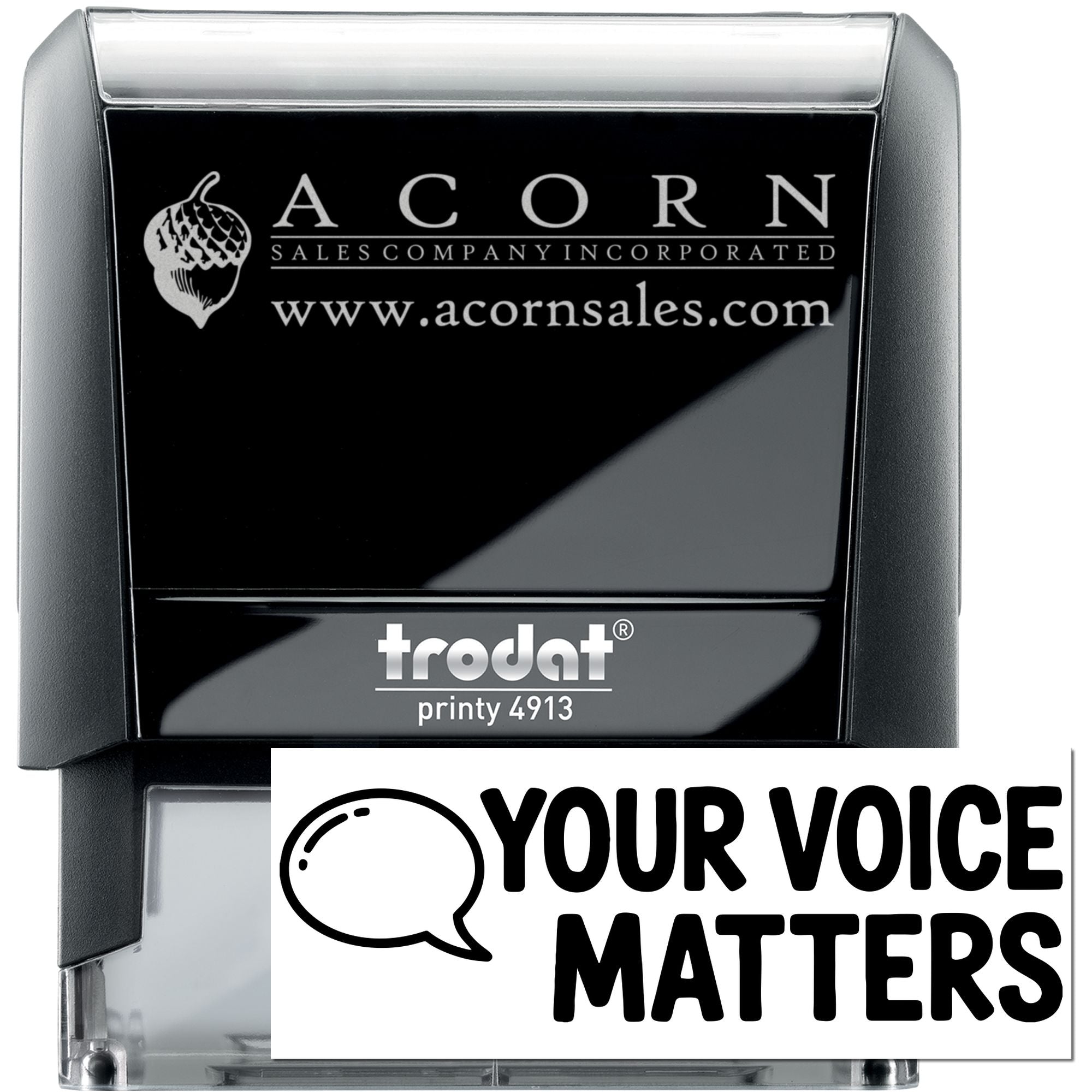 Custom Trodat Printy 4913 self-inking rubber stamp with Acorn Sales Company logo and website for branded business stamping.