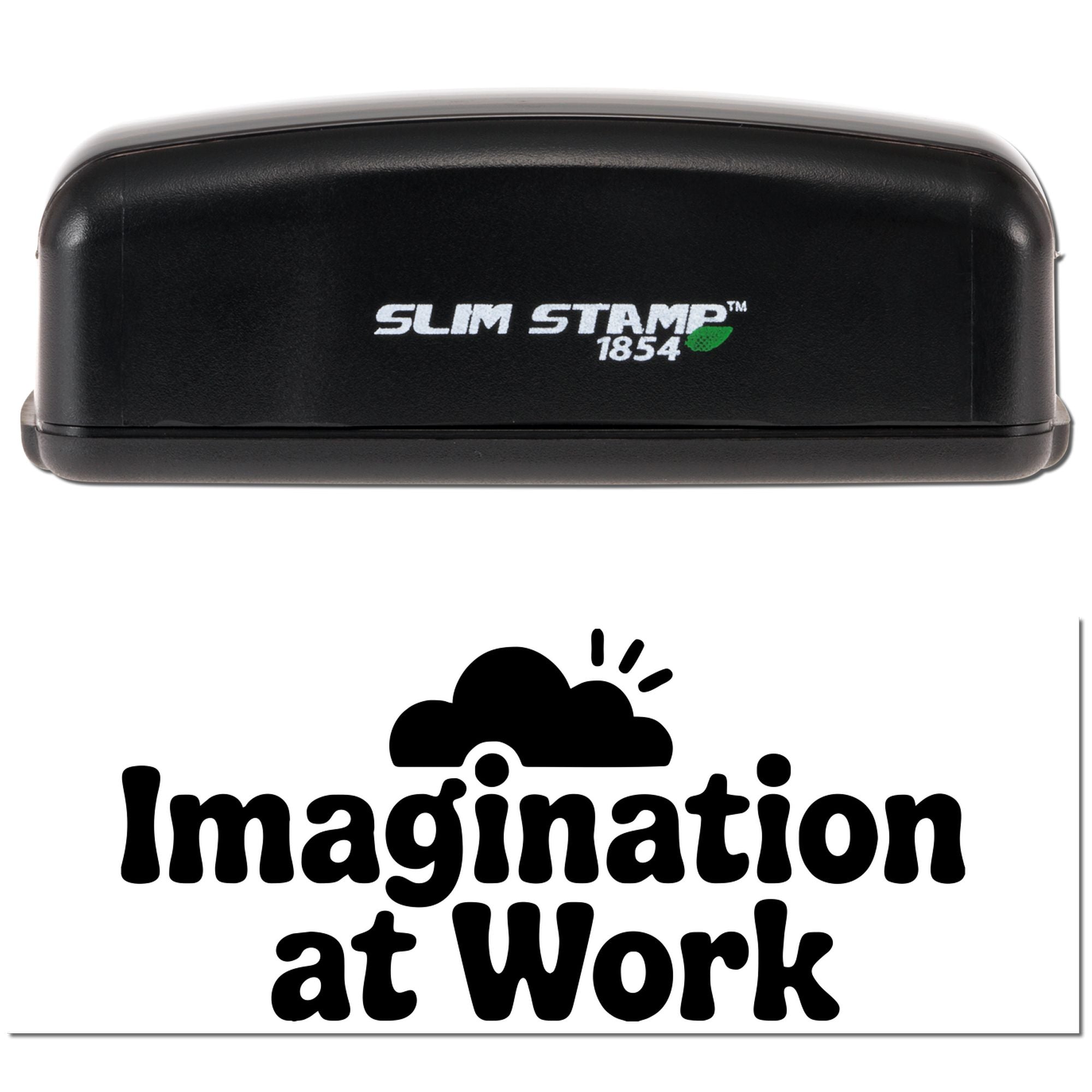 Self-inking rubber stamp with Imagination at Work message for office, classroom, or craft use.