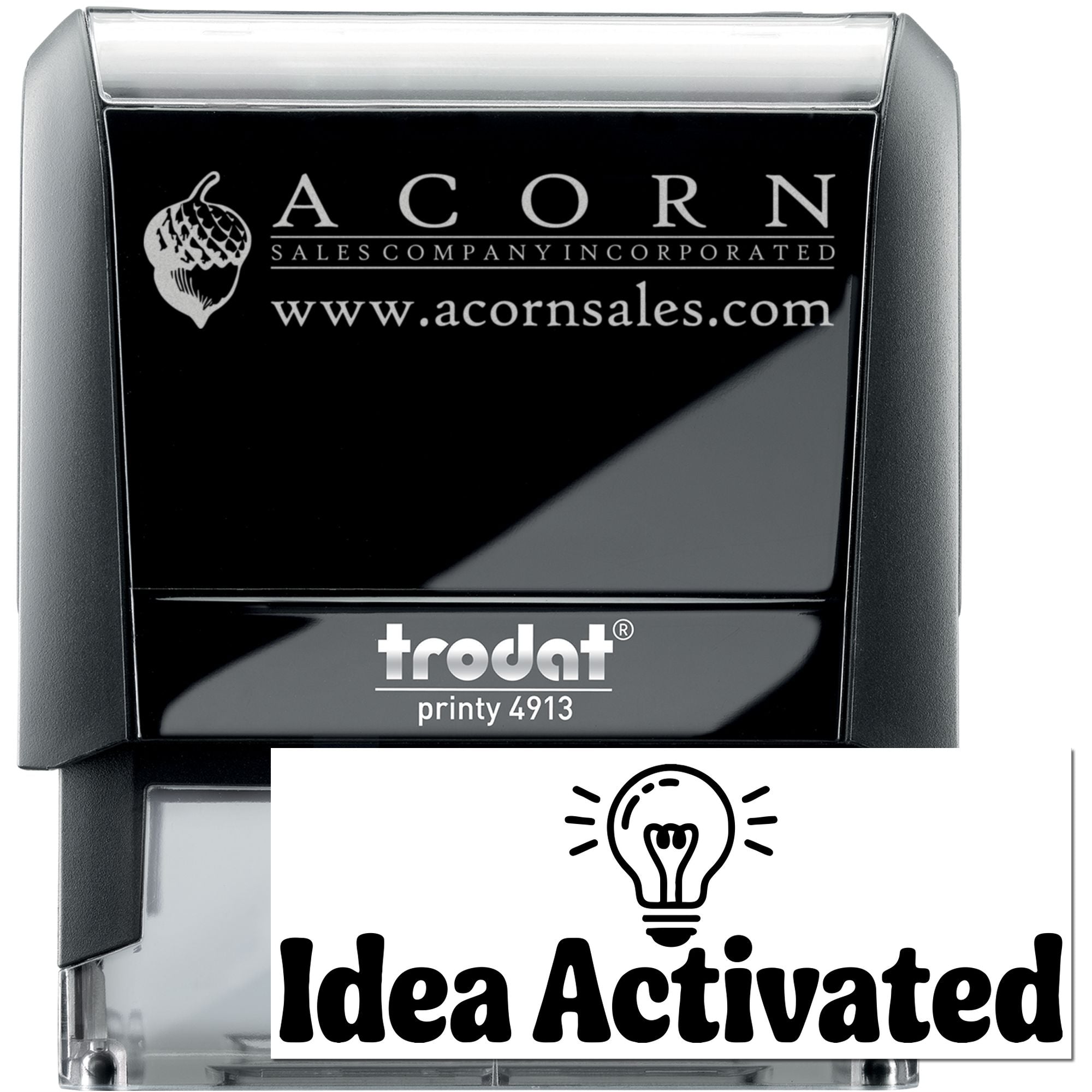 Custom self-inking rubber stamp for Acorn Sales Company, Trodat Printy 4913 with logo and website.