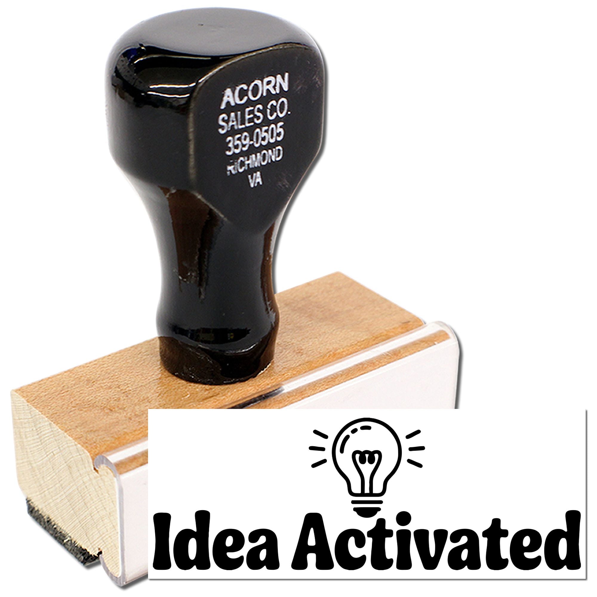 Custom wooden rubber stamp with Idea Activated design, perfect for branding creative projects and stationery.