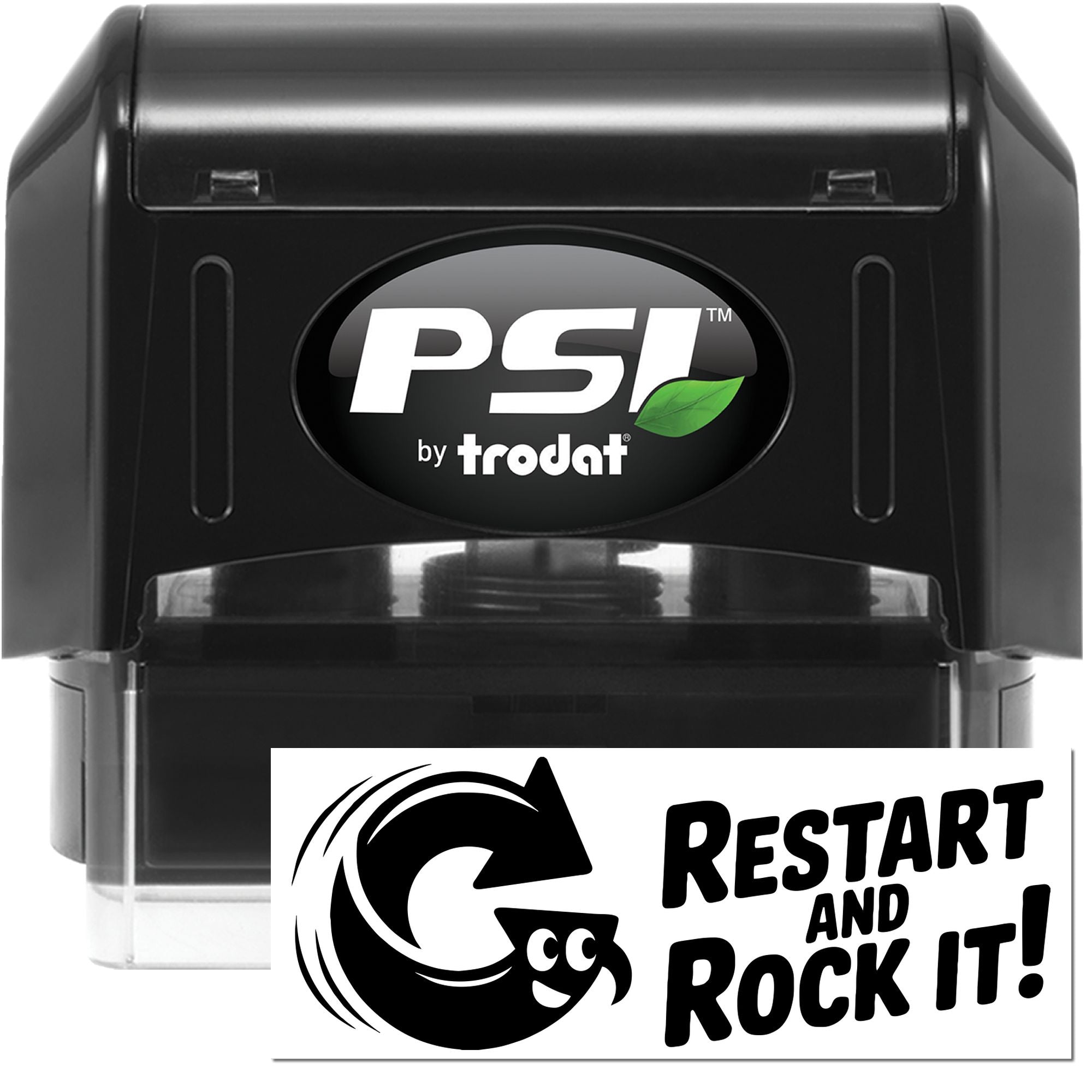 PSI by Trodat self-inking rubber stamp with custom Restart and Rock It! logo design for bold, repeat use.
