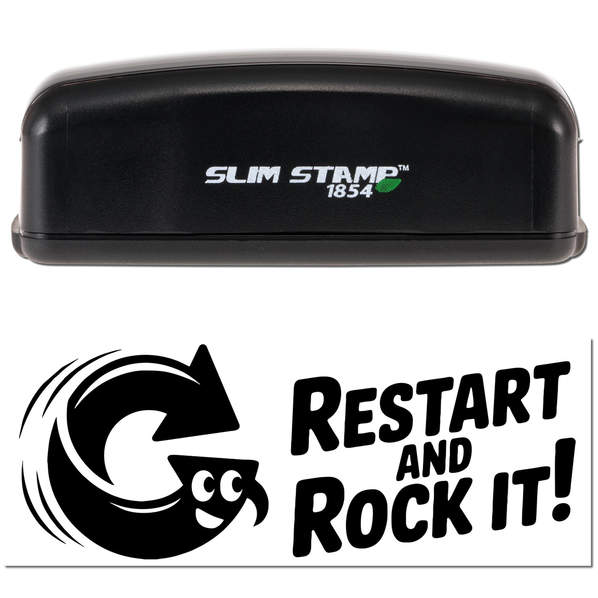Slim Stamp 1854 self-inking rubber stamp with custom Restart and Rock It! motivational imprint