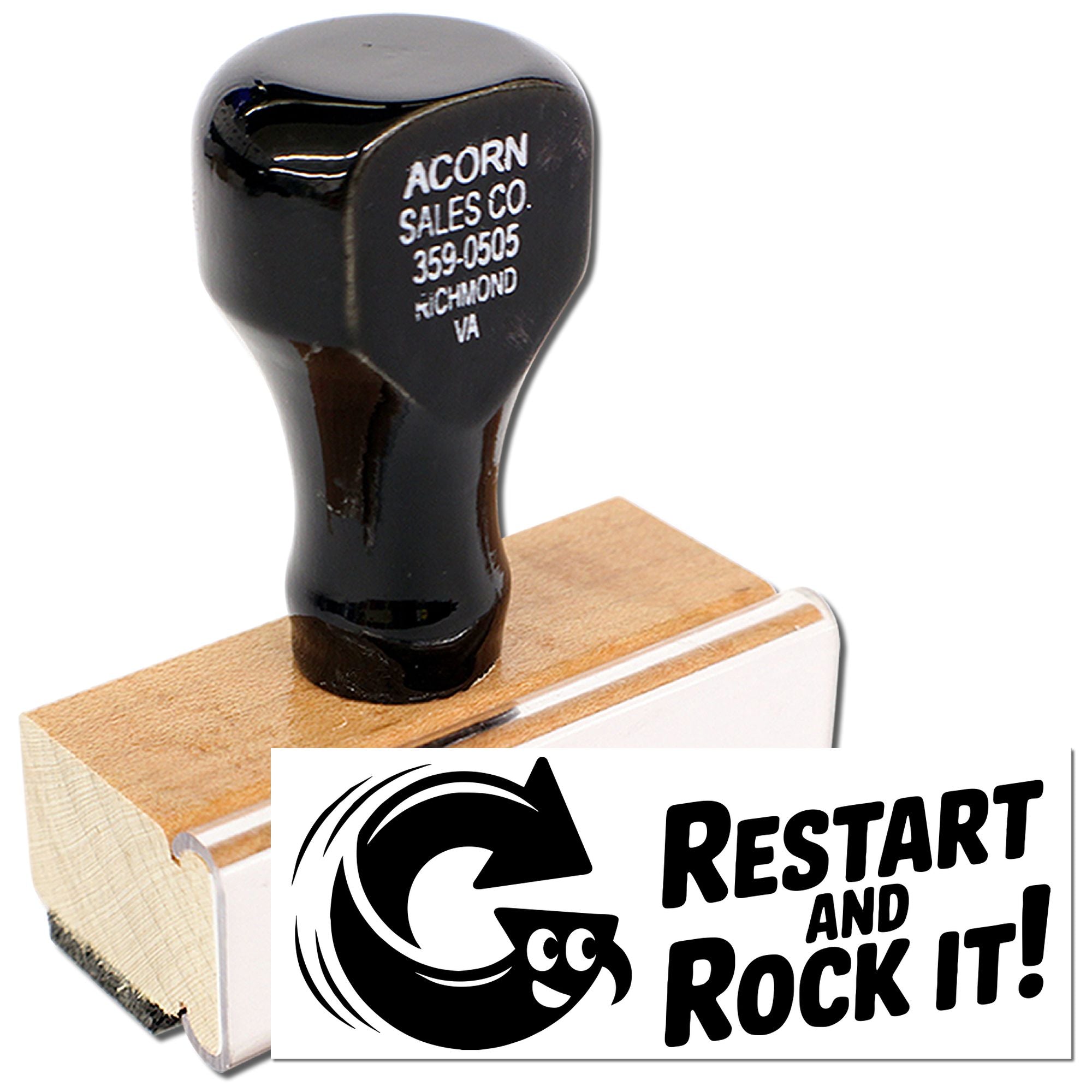 Custom rubber stamp with logo and Restart and Rock It! design on a wooden mount for business branding.