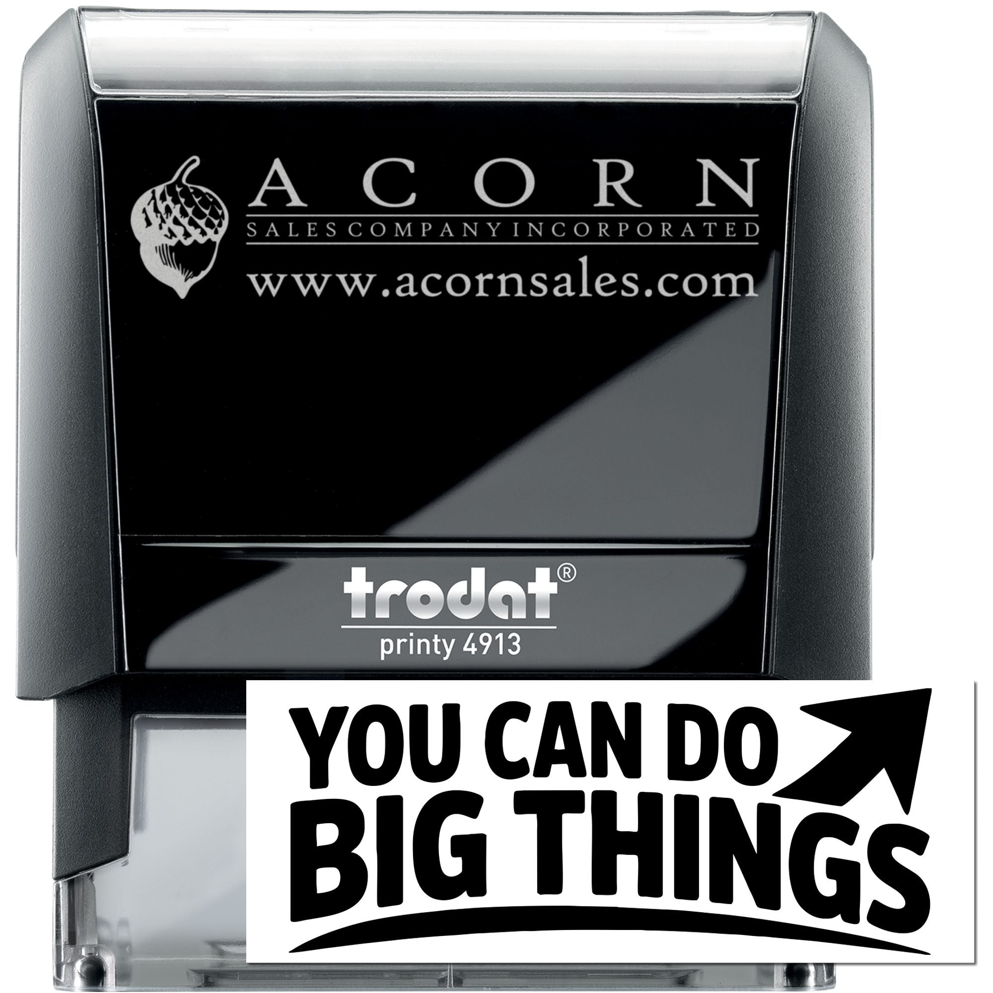 Custom self-inking rubber stamp with Acorn Sales Company logo and website, shown on Trodat Printy 4913.