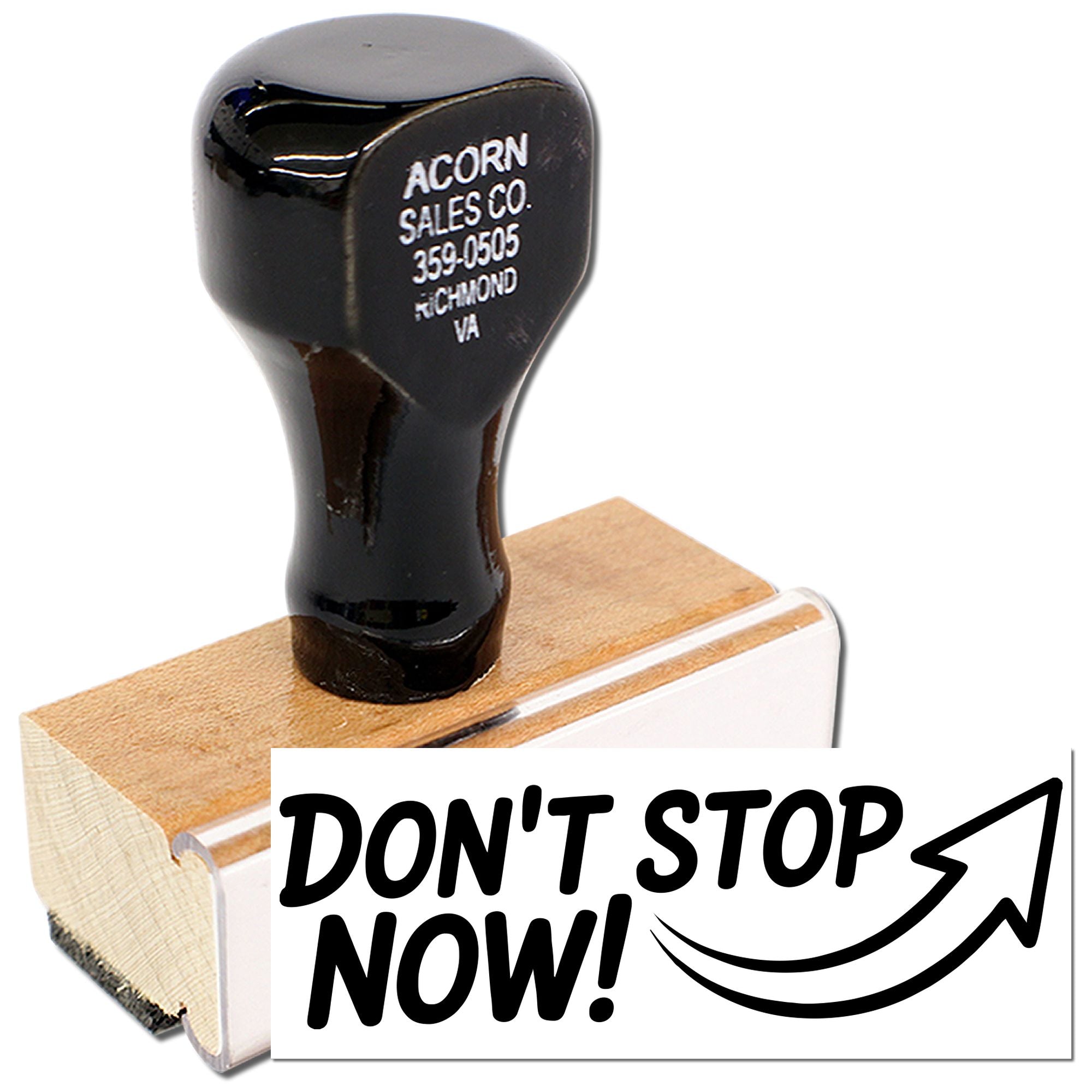 Motivational rubber stamp with Dont Stop Now! message and arrow, ideal for business and promotion branding.