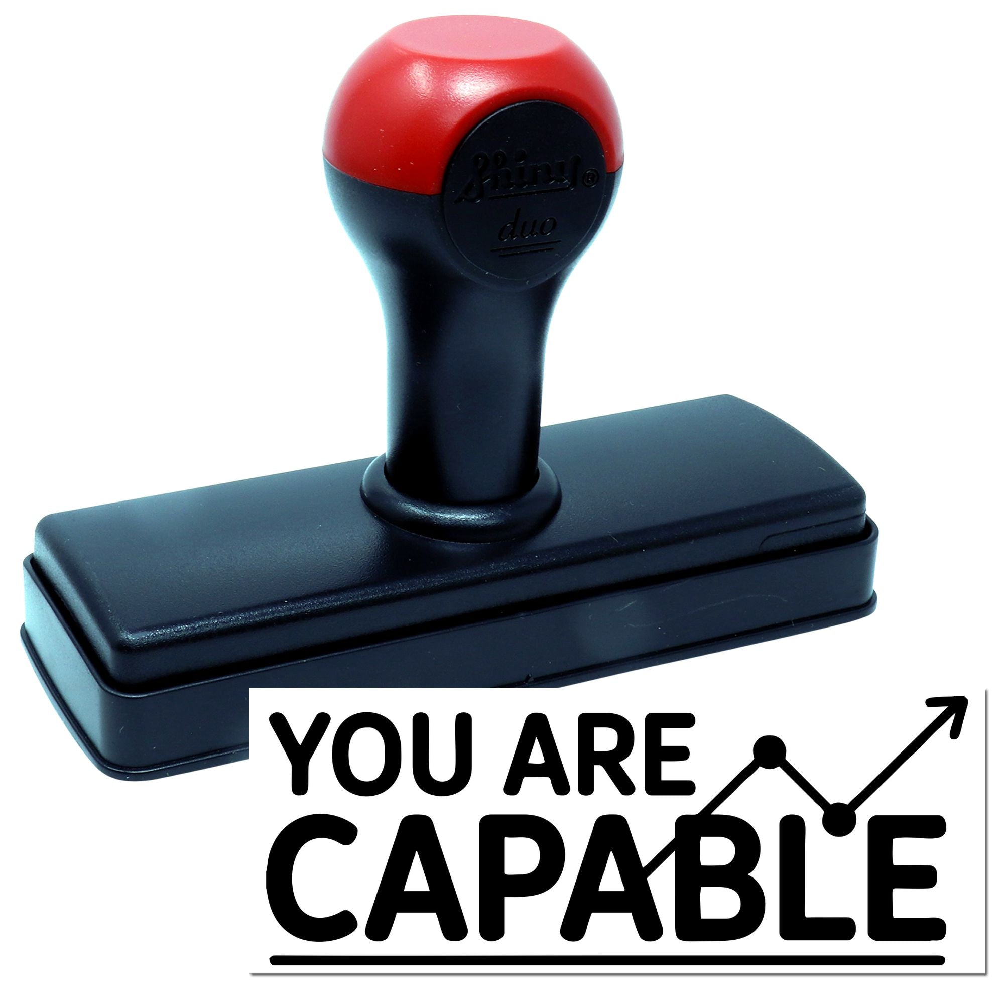 Self-inking rubber stamp featuring "YOU ARE CAPABLE" and upward chart icon for motivational office, business, or teacher use.