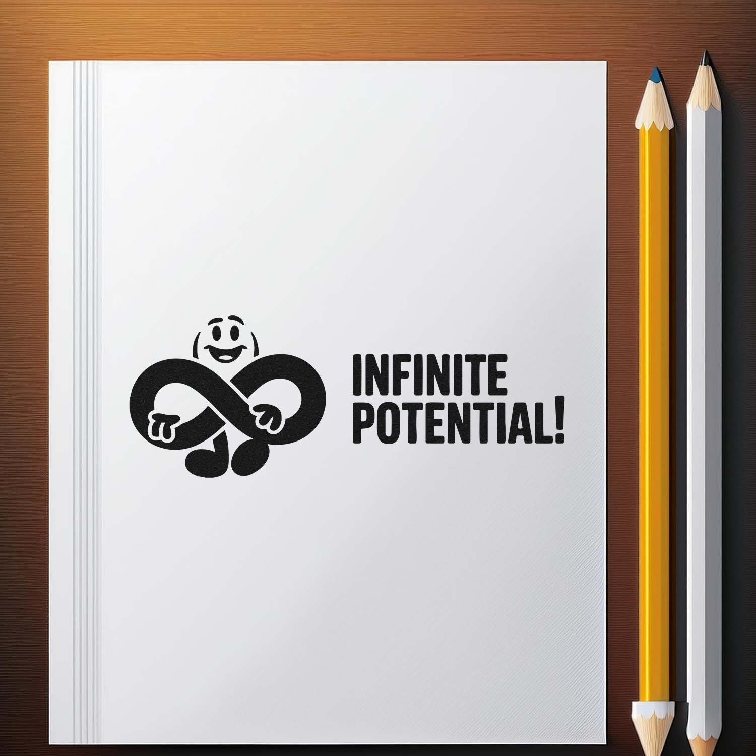Infinite Potential! custom rubber stamp design with playful infinity character for teachers, classrooms, and stationery.