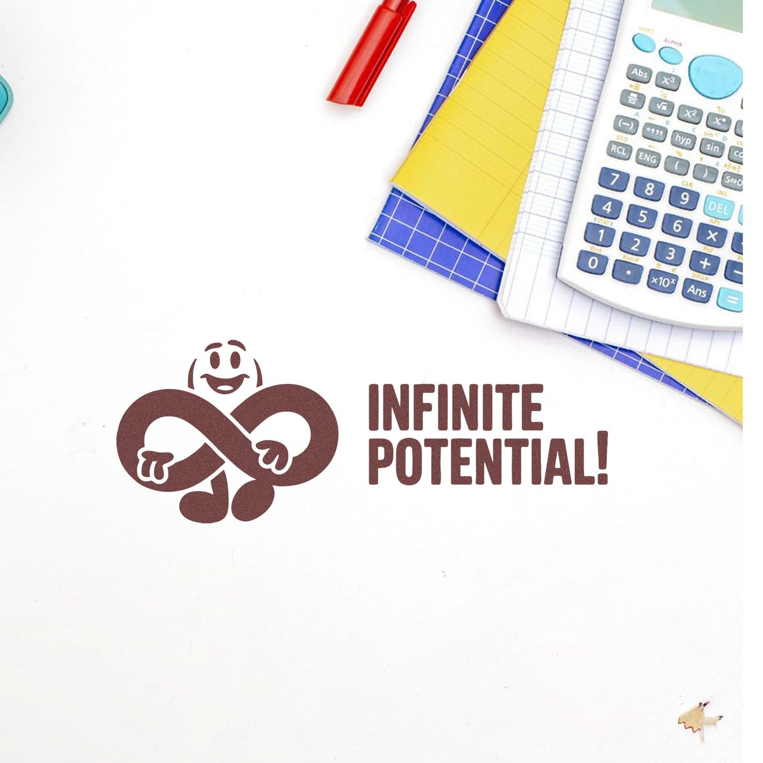 Motivational rubber stamp design reading Infinite Potential! with infinity character, ideal for classroom and student encouragement.