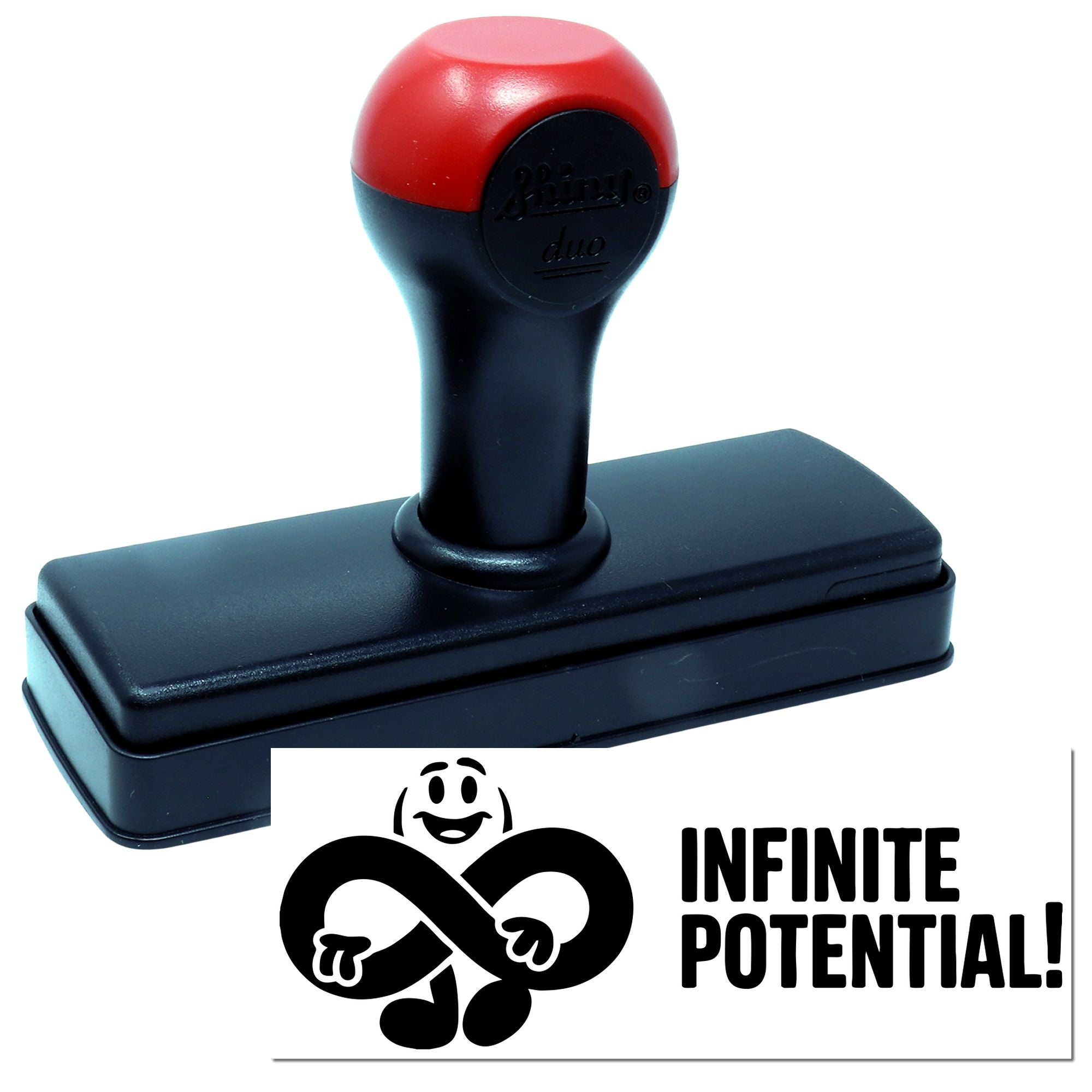 Self-inking rubber stamp showing Infinite Potential! custom imprint for motivational branding, office marking, or personal use.