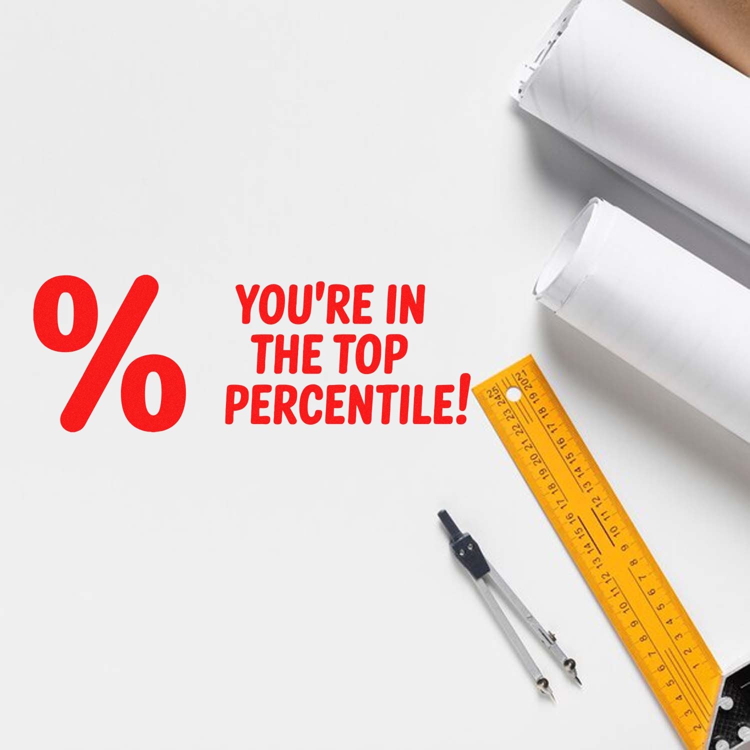Rubber stamp design reading Youre in the top percentile! for student achievement awards, with school supplies on a white background.