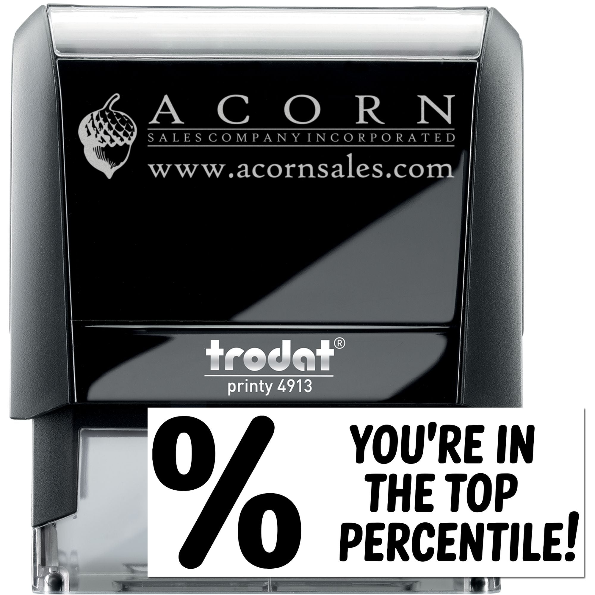 Custom self-inking rubber stamp, Trodat Printy 4913, with Acorn Sales logo and 0% top percentile imprint.
