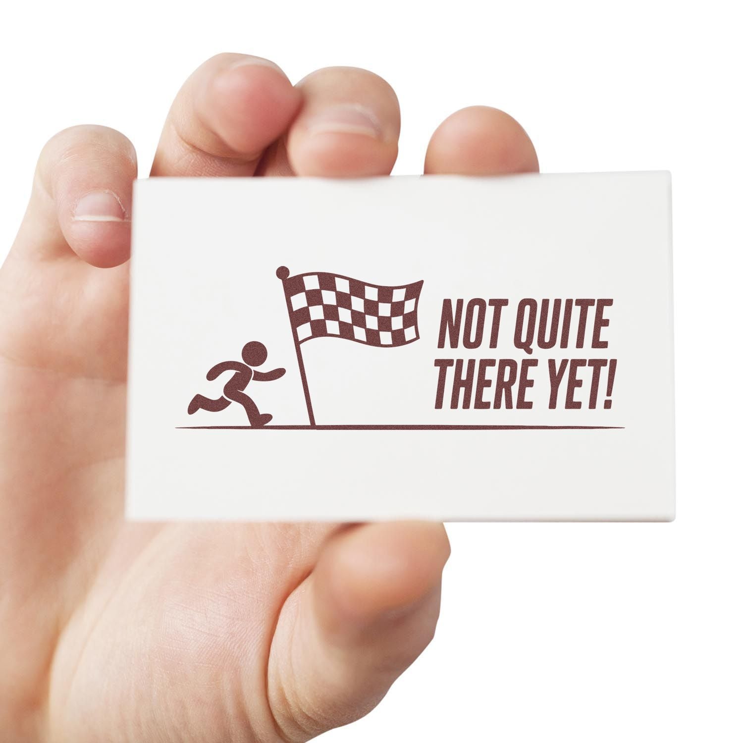 Not Quite There Yet rubber stamp with runner and checkered flag, motivational stamp for encouragement and goal tracking