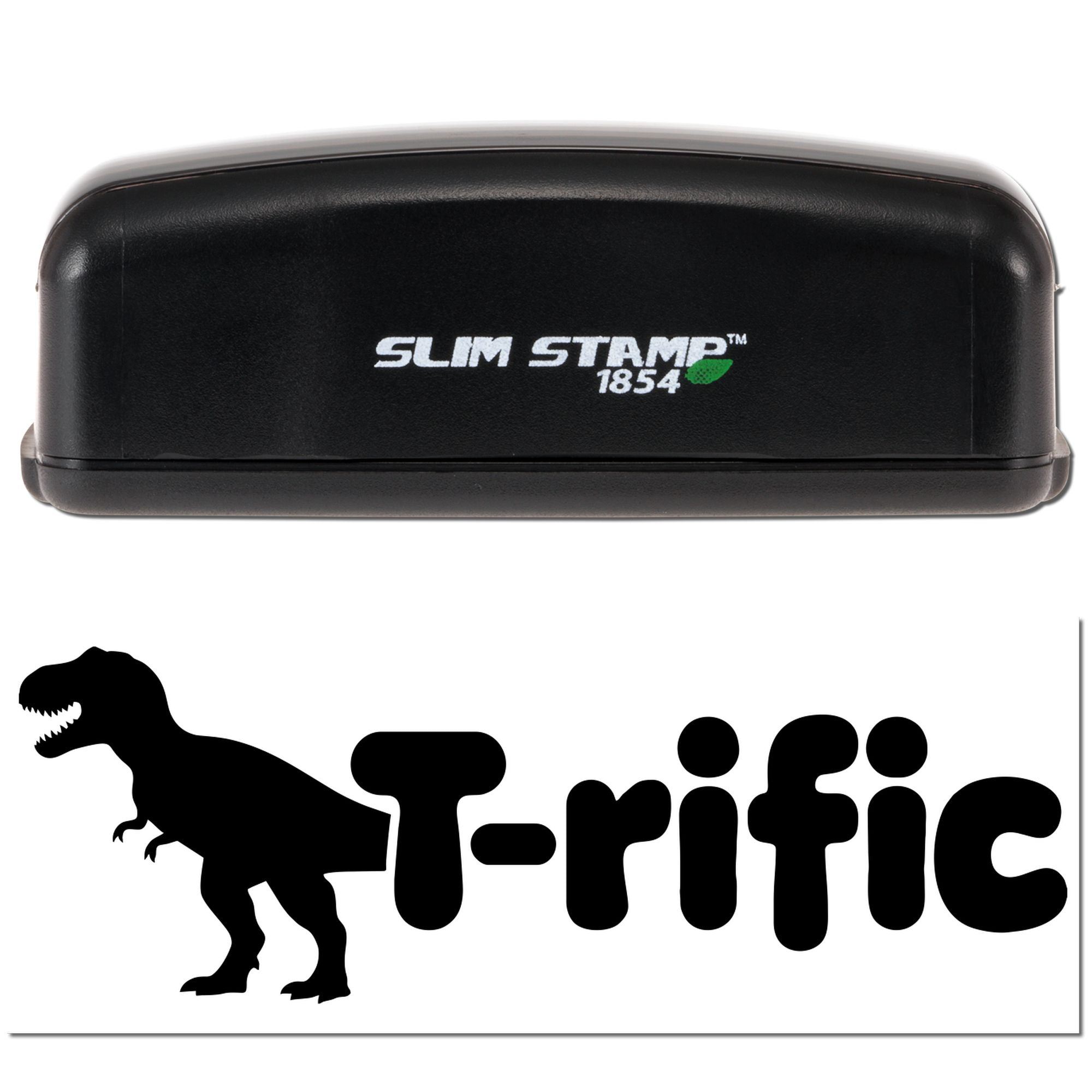 Self-inking rubber stamp Slim Stamp 1854 with dinosaur logo and bold custom text imprint