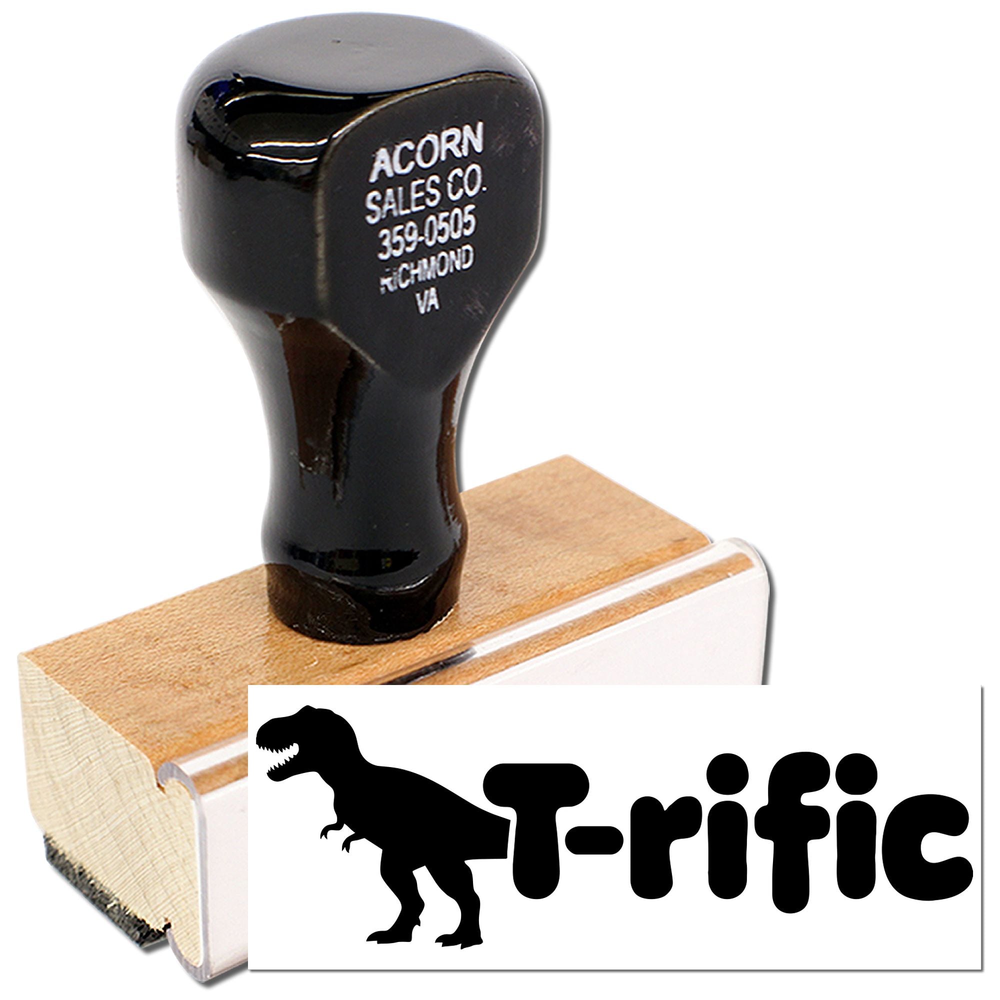 Custom wooden rubber stamp with T-rific dinosaur logo and Acorn Sales Co. imprint for business branding.