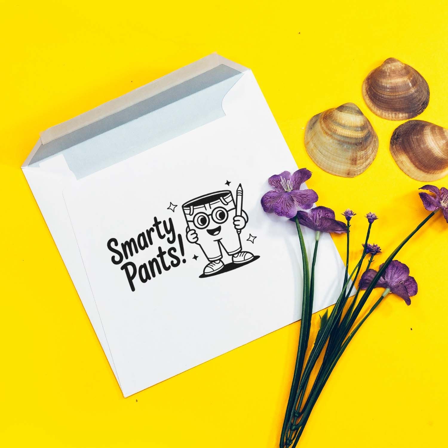 Smarty Pants rubber stamp packaging with playful pencil character, ideal for teacher crafts, stationery, and gift wrapping.