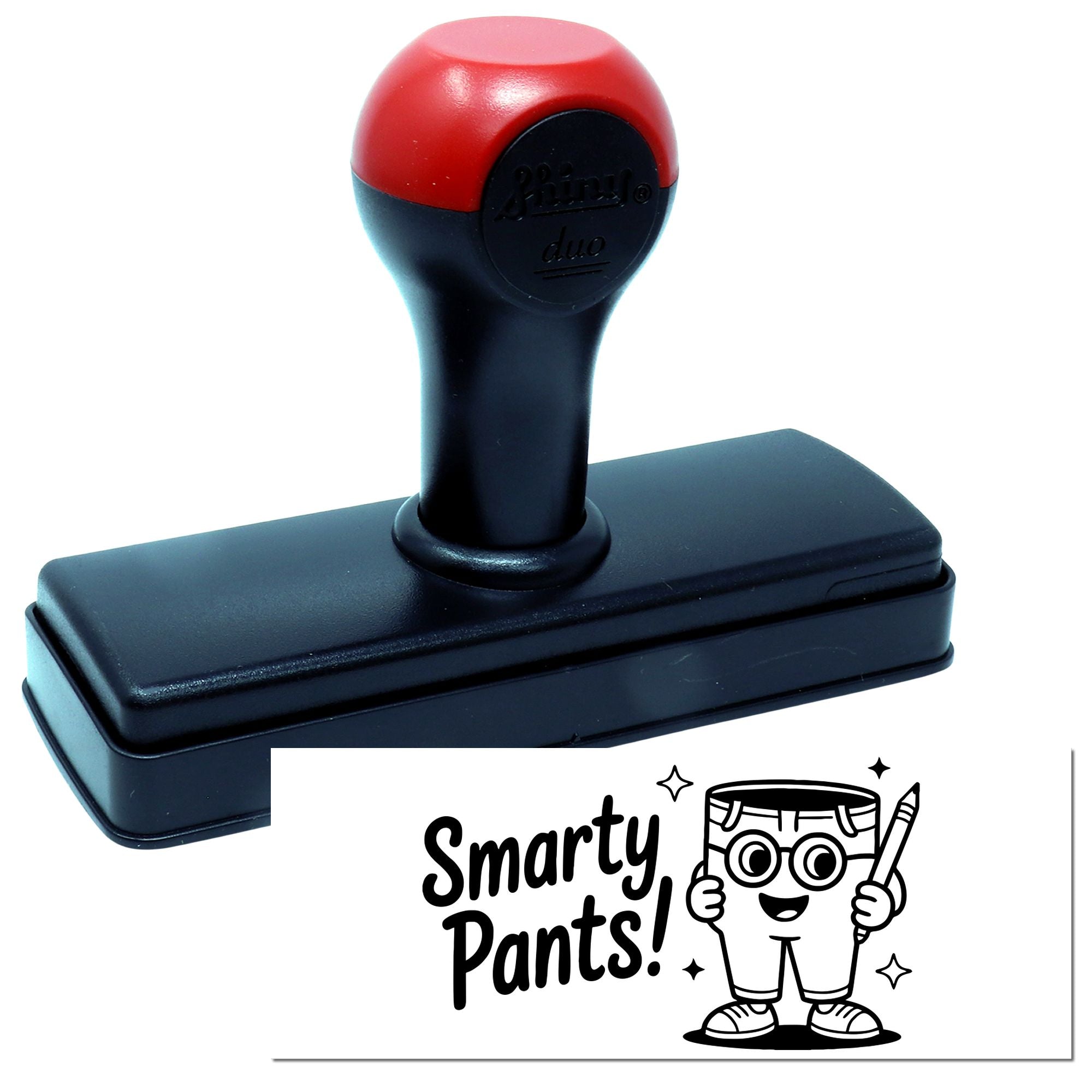 Self-inking rubber stamp with Smarty Pants! cartoon design for fun teacher rewards, office marking, or custom stationery.