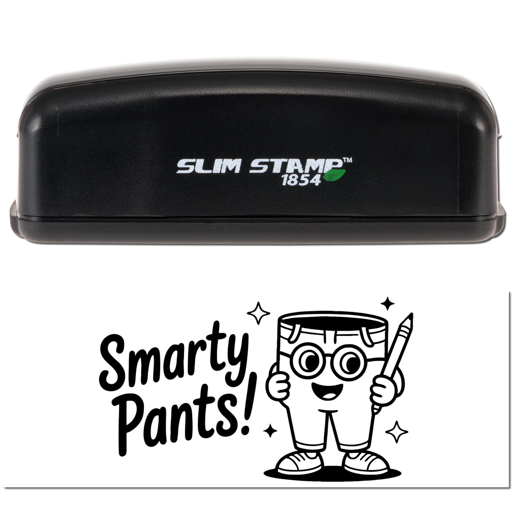 Slim Stamp 1854 self-inking rubber stamp with Smarty Pants design and cartoon character holding a pencil.