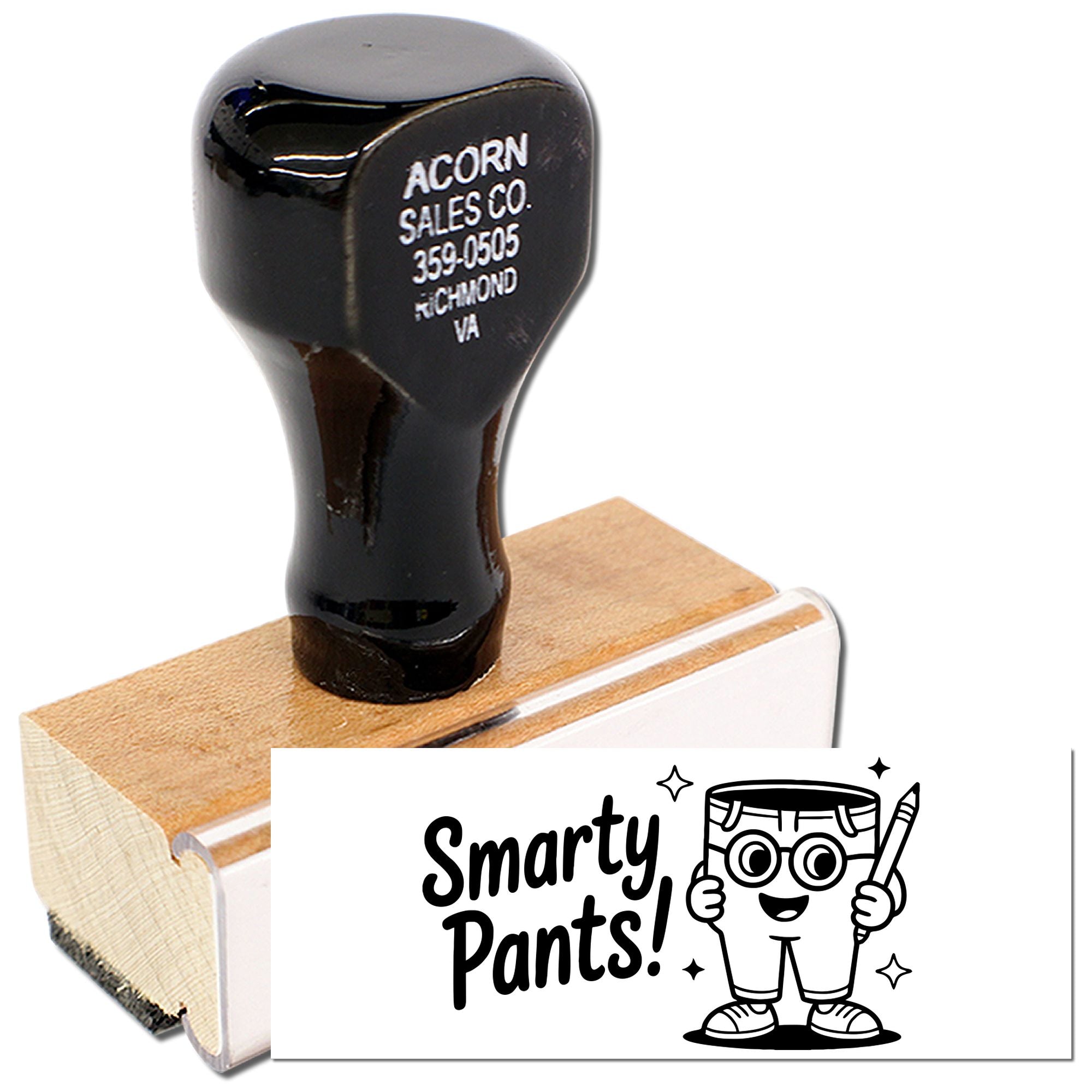 Custom wooden rubber stamp with Smarty Pants! design and cartoon pants character for classroom use.