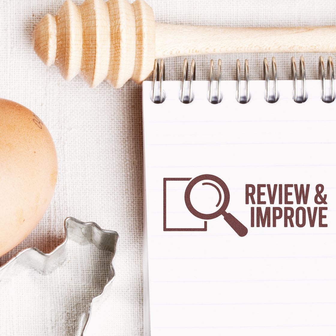 Review and Improve rubber stamp on notebook, ideal for quality control and document editing workflows.