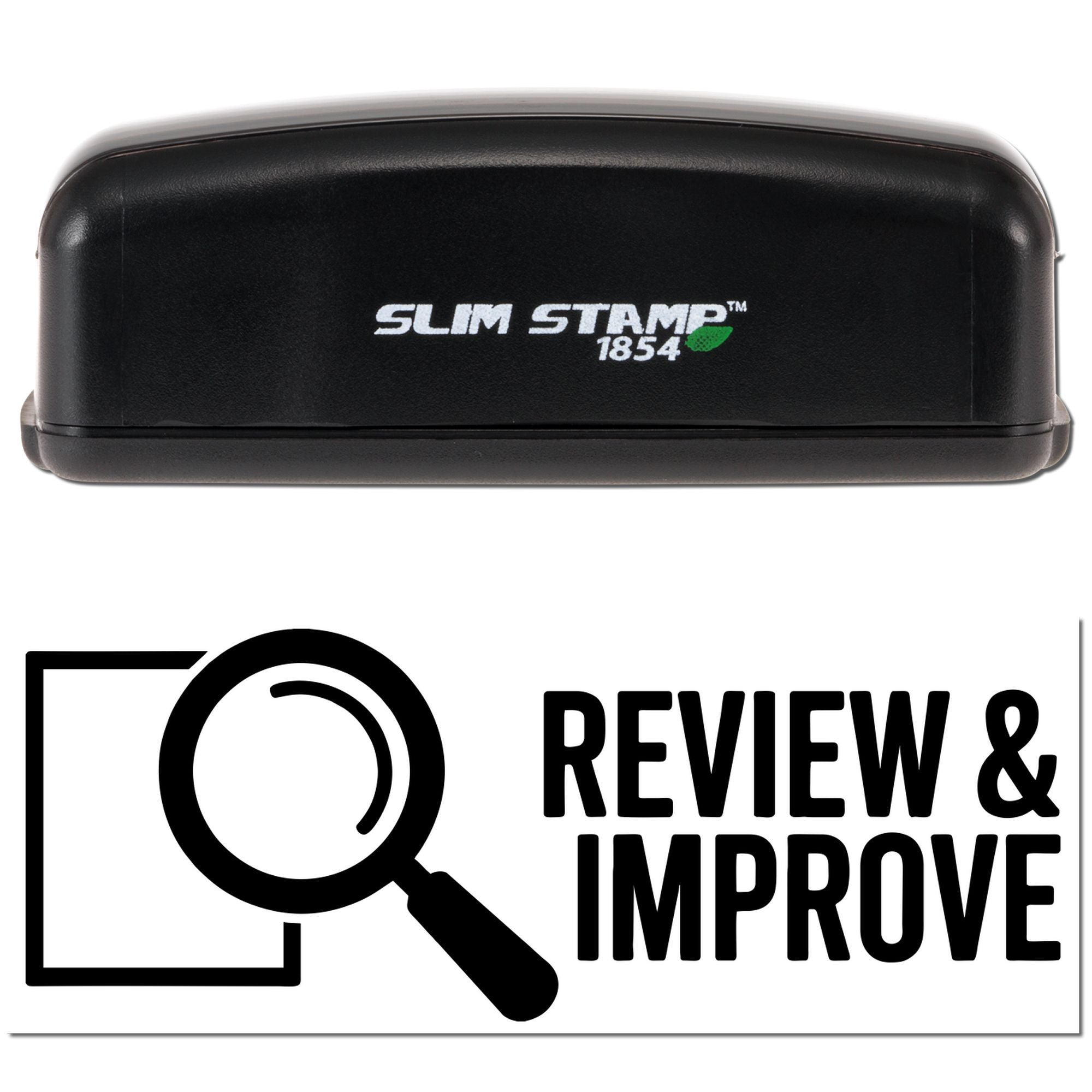 Slim Stamp 1854 self-inking rubber stamp with Review & Improve graphic for feedback and approval marking.