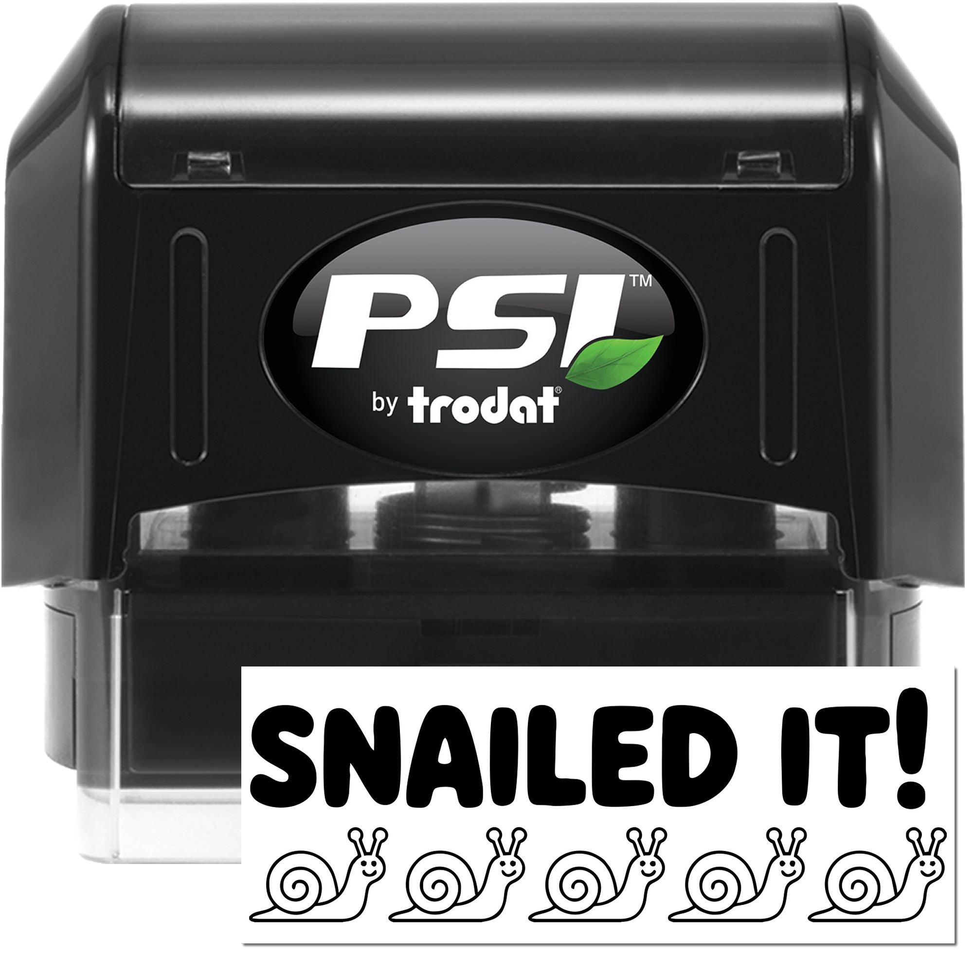 PSI by Trodat self-inking rubber stamp with Snailed It! snail design for fun custom office stamping.