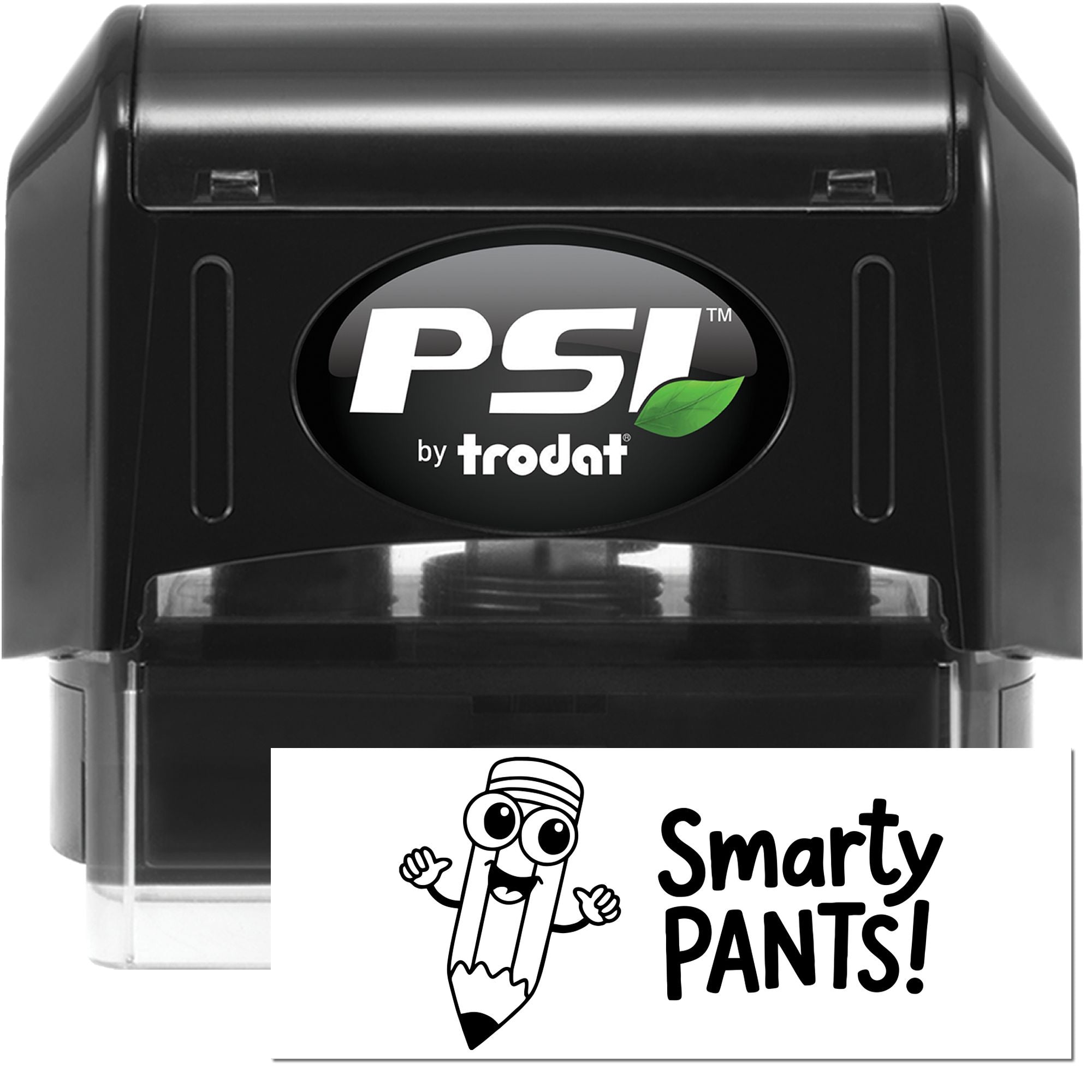 PSI by Trodat self-inking rubber stamp with Smarty Pants! impression, ideal for custom office or teacher feedback.