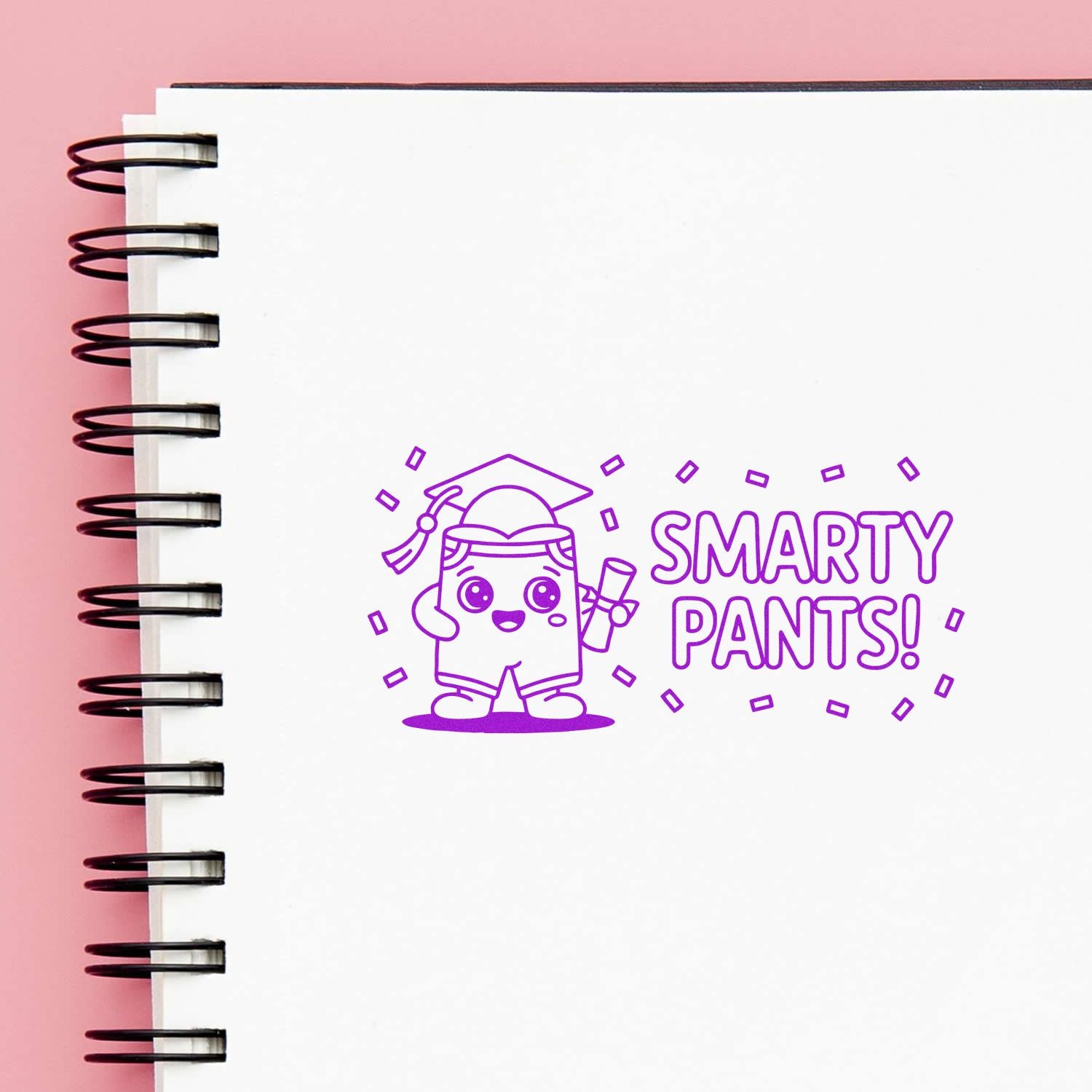 Smarty Pants graduation rubber stamp design with a cute cap character, perfect teacher reward stamp for students.
