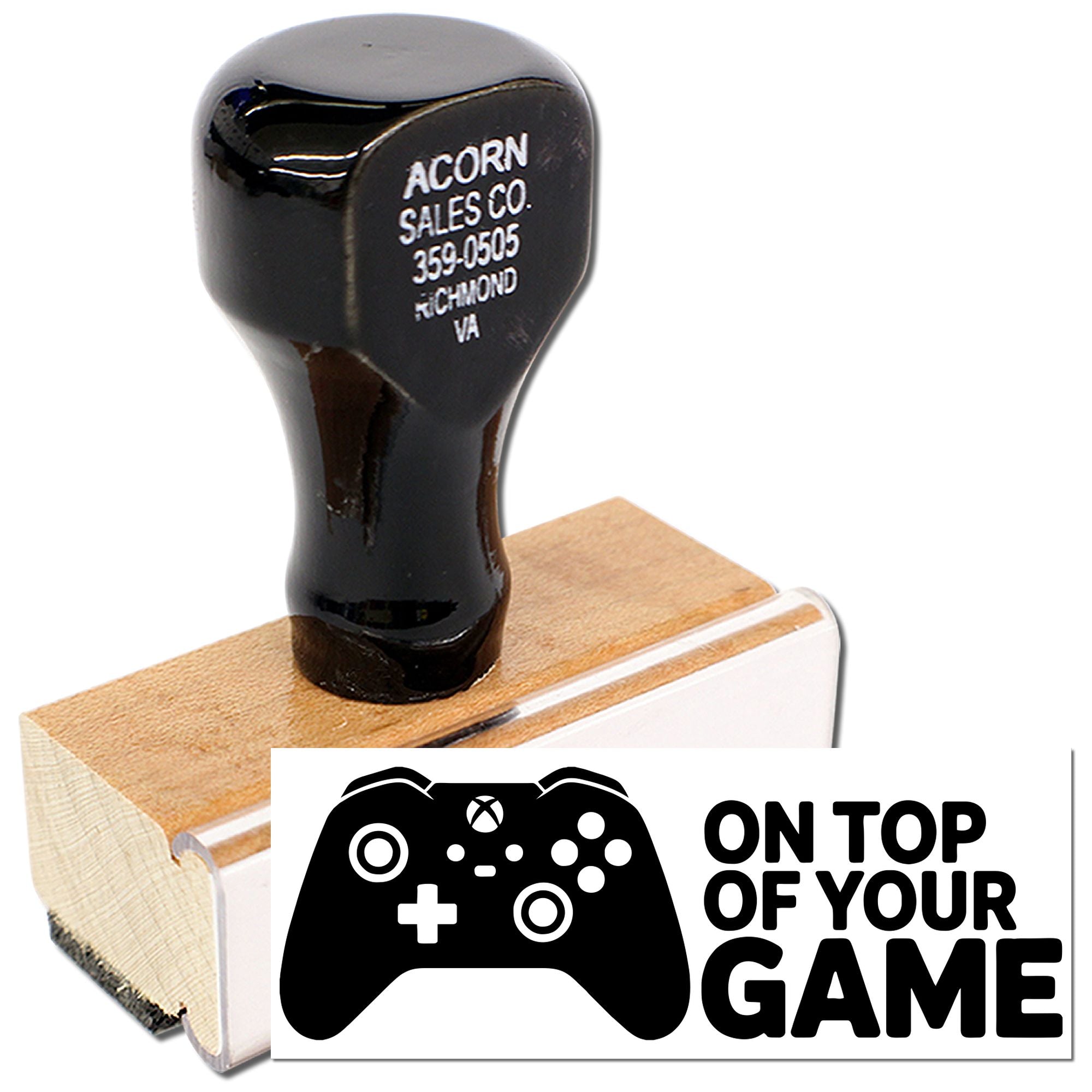 Custom rubber stamp with game controller design and On Top of Your Game message for branding, packaging, or promotion.