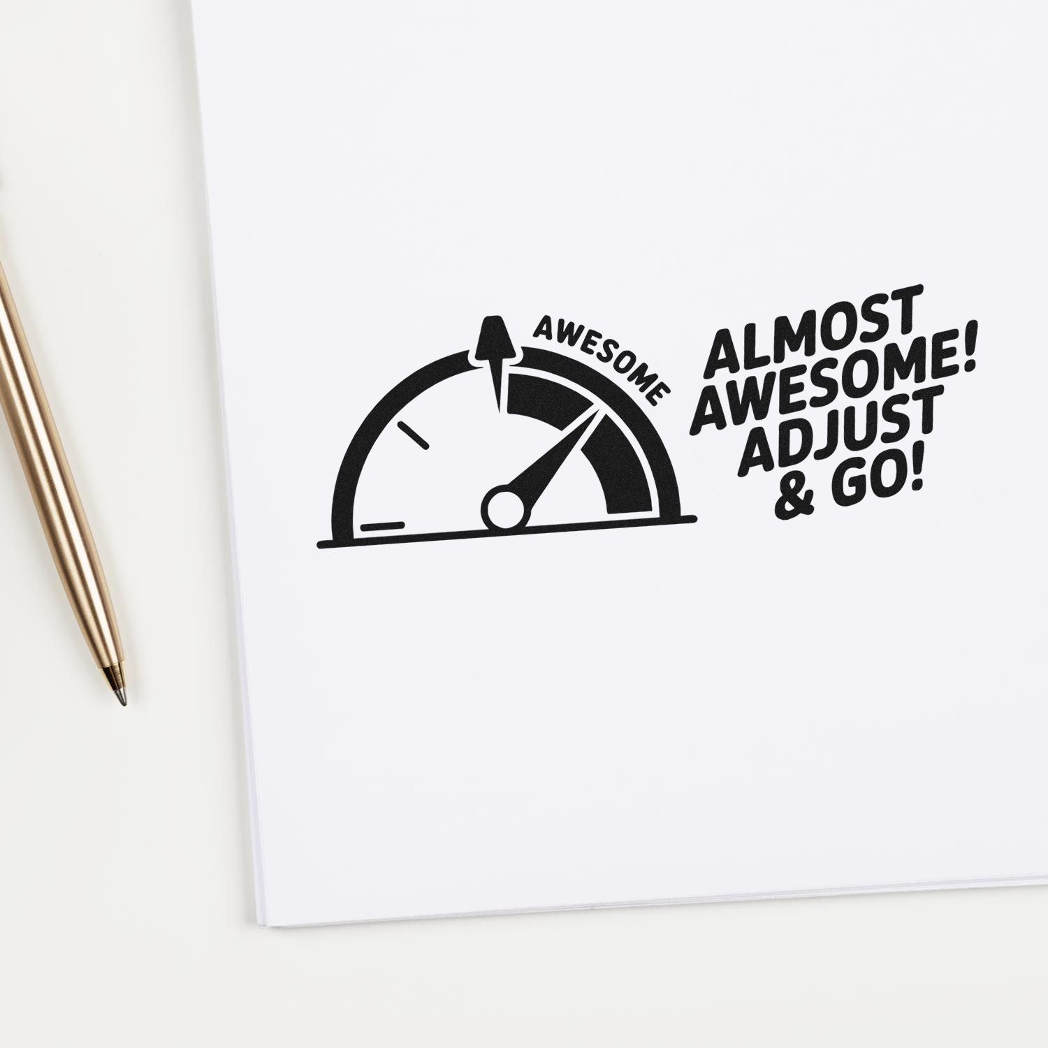 Almost Awesome! Adjust & Go rubber stamp design with gauge icon, motivational self-inking stamp for planners.