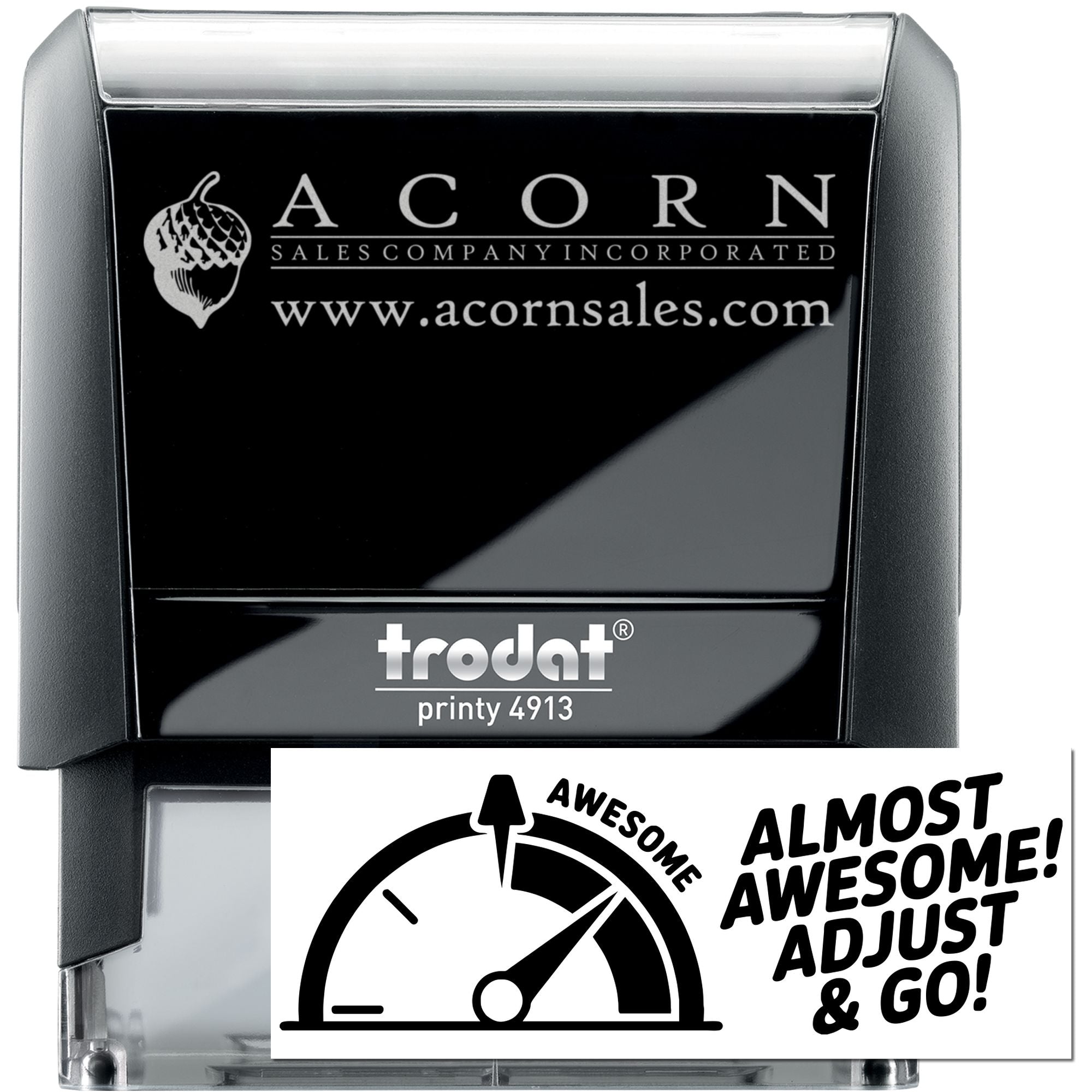 Custom self-inking rubber stamp set with logo and Almost Awesome design, Trodat Printy 4913.