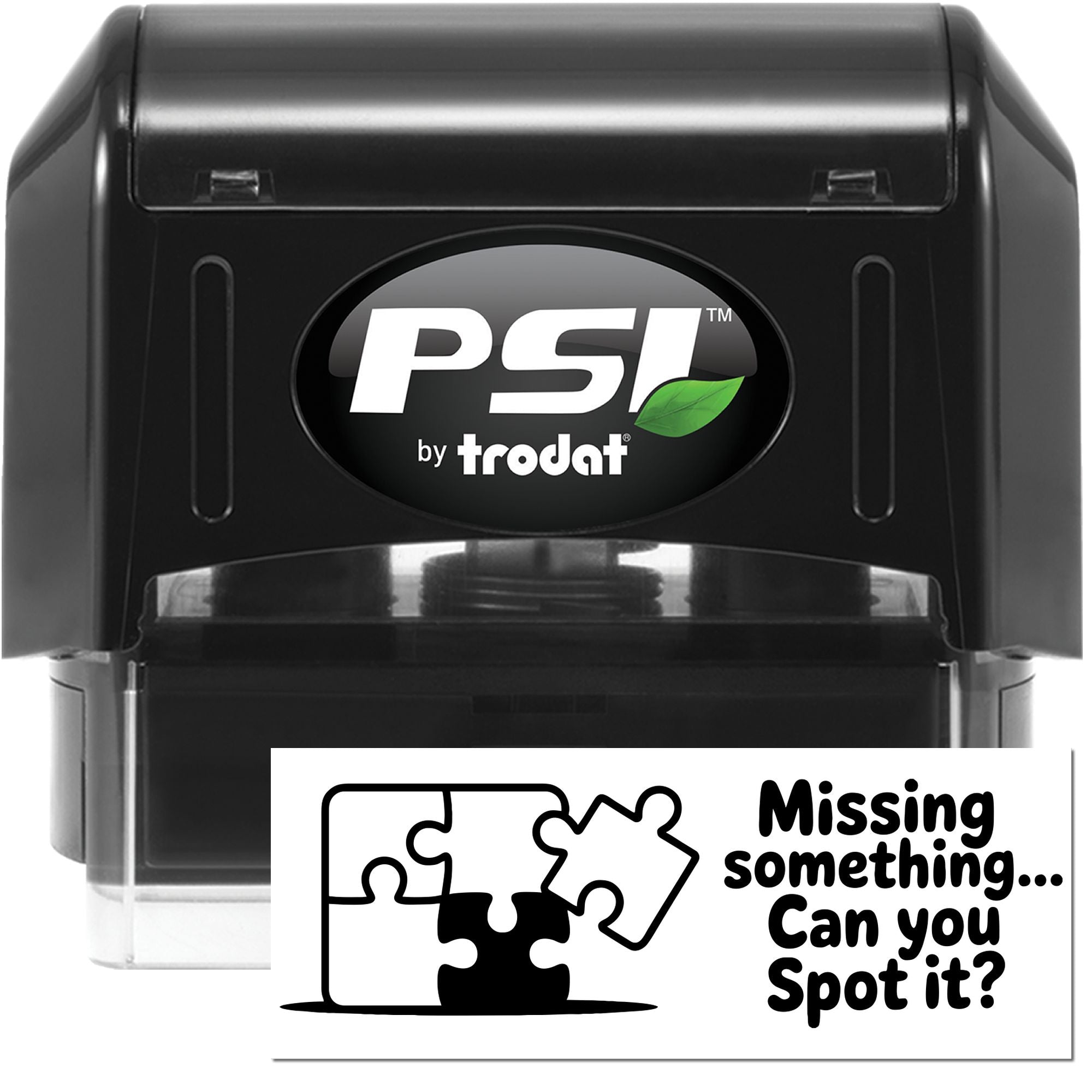 PSI by Trodat self-inking rubber stamp showing puzzle-piece design and Missing something... Can you spot it? impression