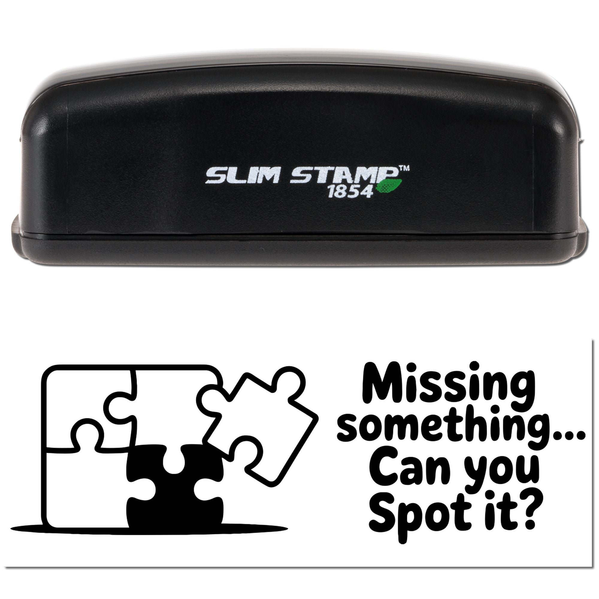 Custom rubber stamp design with puzzle pieces and Missing something... Can you Spot it? text for office or classroom use.