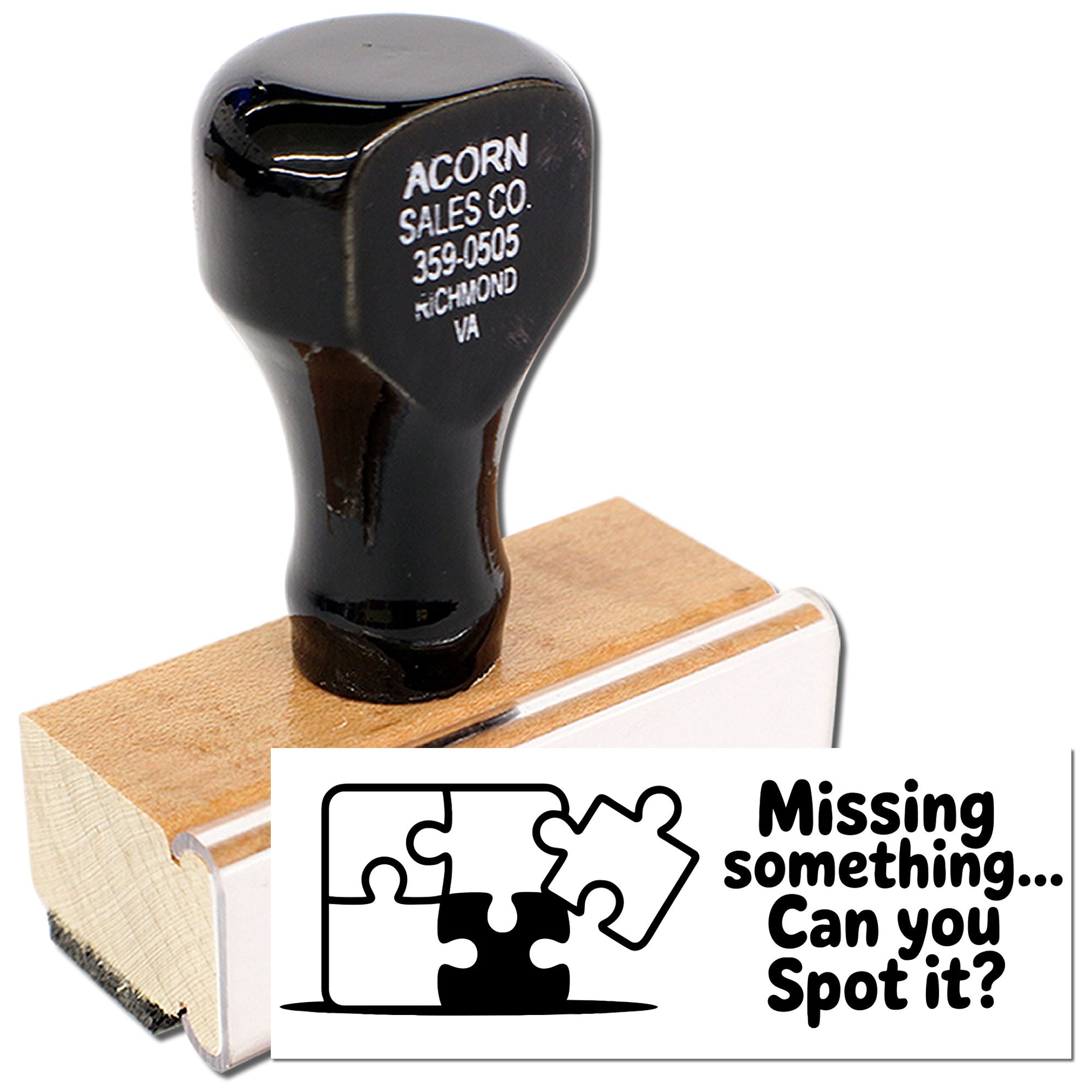 Custom business rubber stamp with puzzle-piece design and Missing something... Can you Spot it? message