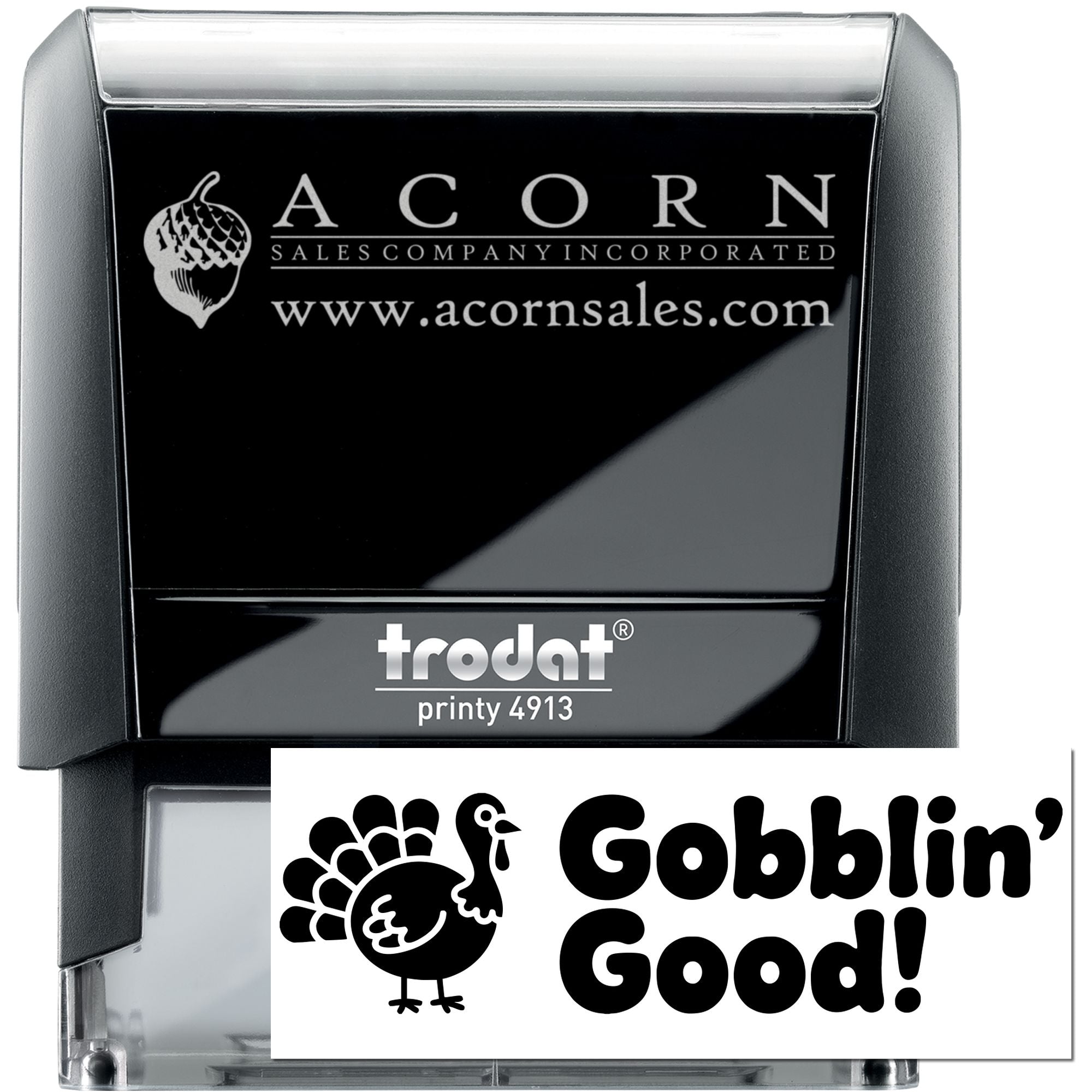 Custom self-inking rubber stamp for business branding, featuring Acorn Sales logo and Gobblin Good turkey design.