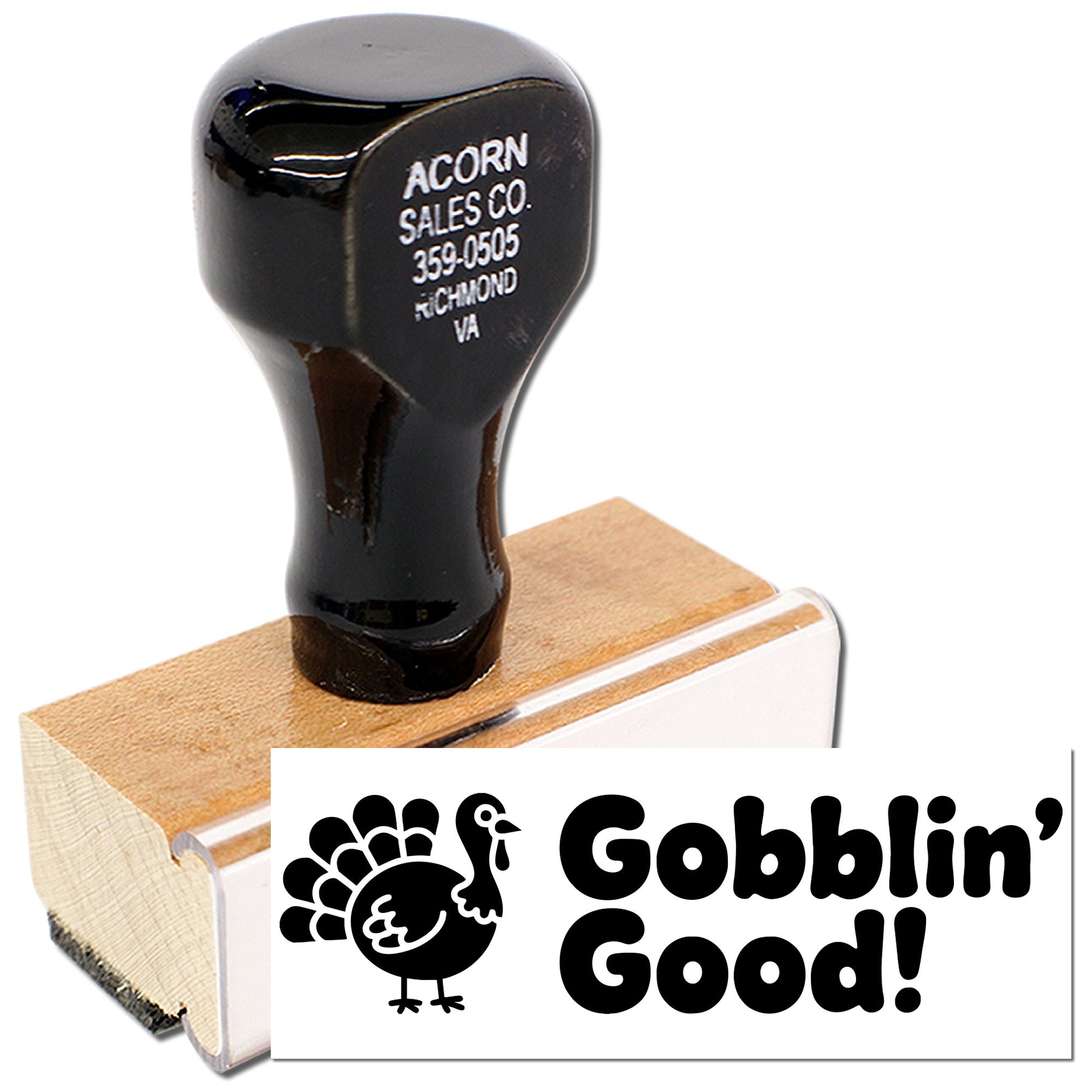 Custom Thanksgiving rubber stamp with turkey graphic and Gobblin Good! message for festive holiday cards and crafts.