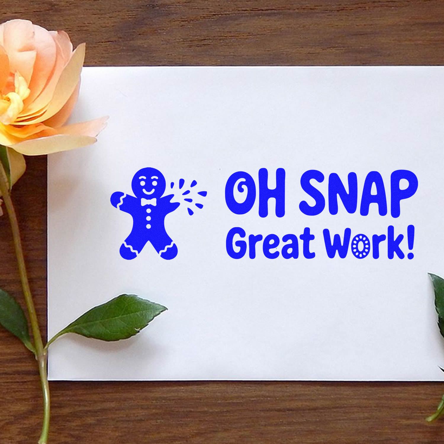 Gingerbread man rubber stamp reading "Oh Snap Great Work!" for holiday cards, classroom rewards, and crafts.