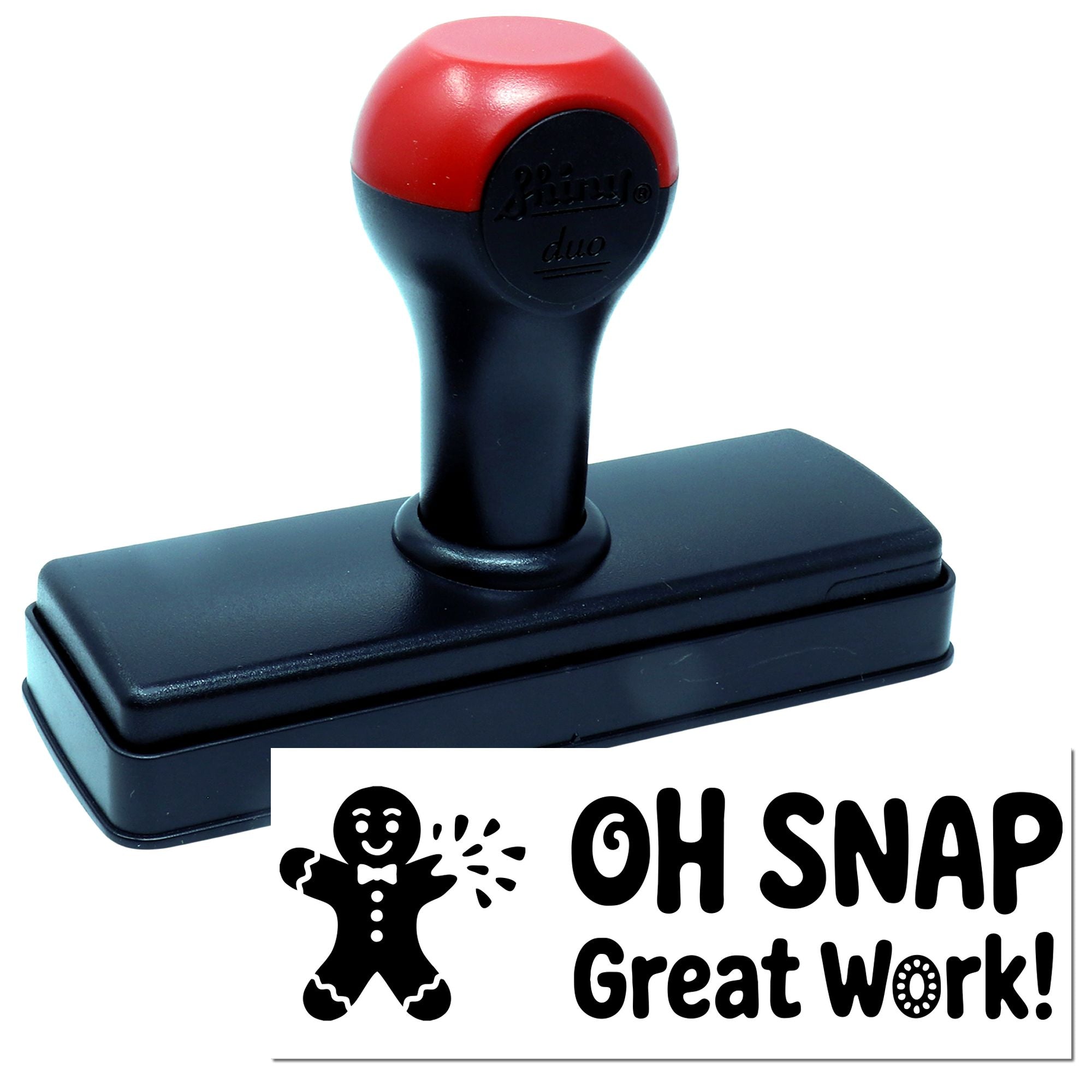 Self-inking rubber stamp with Oh Snap Great Work! imprint for classroom rewards, office recognition, and motivation.