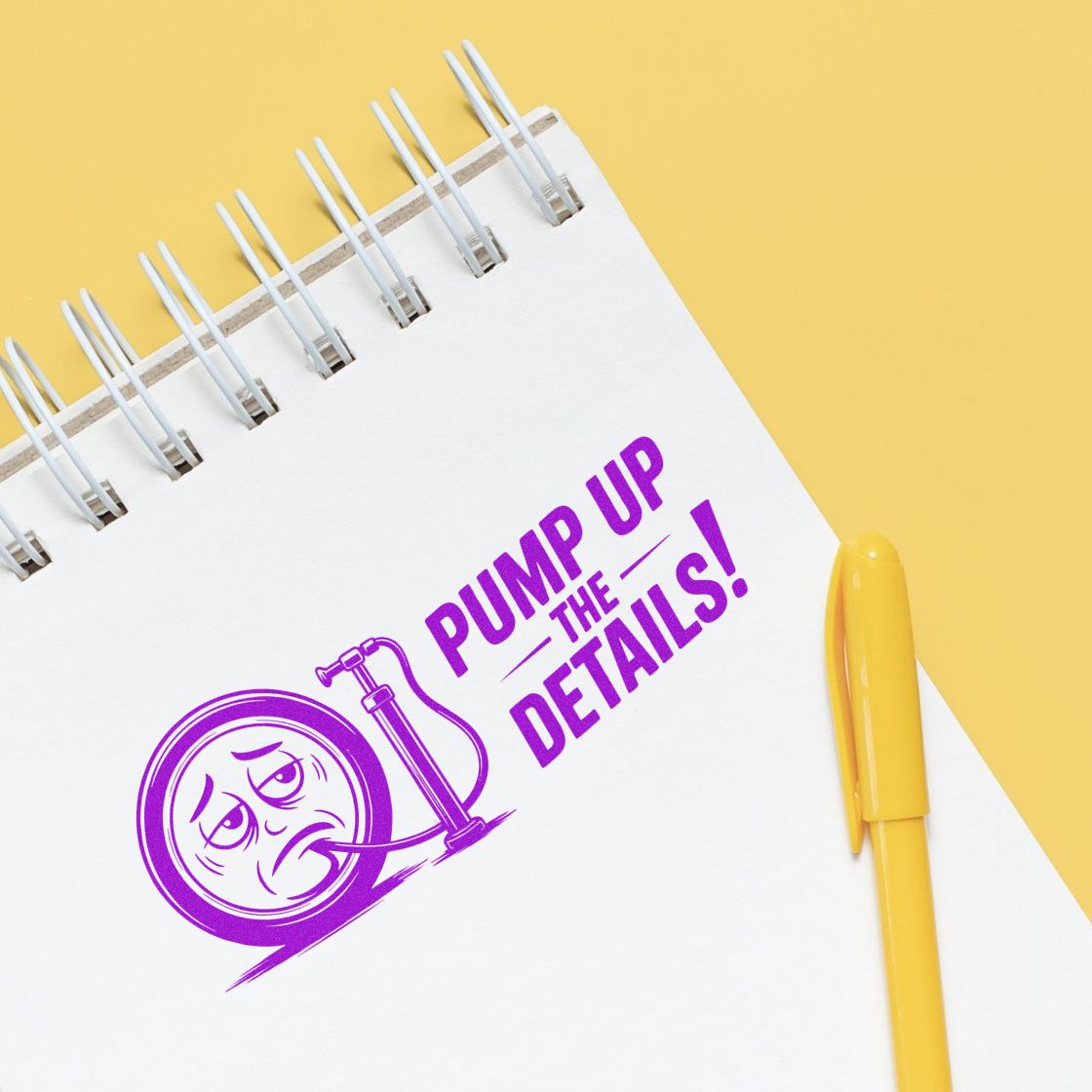 Custom rubber stamp design reading Pump Up the Details! on a notebook, with a yellow pen for branding and craft use.