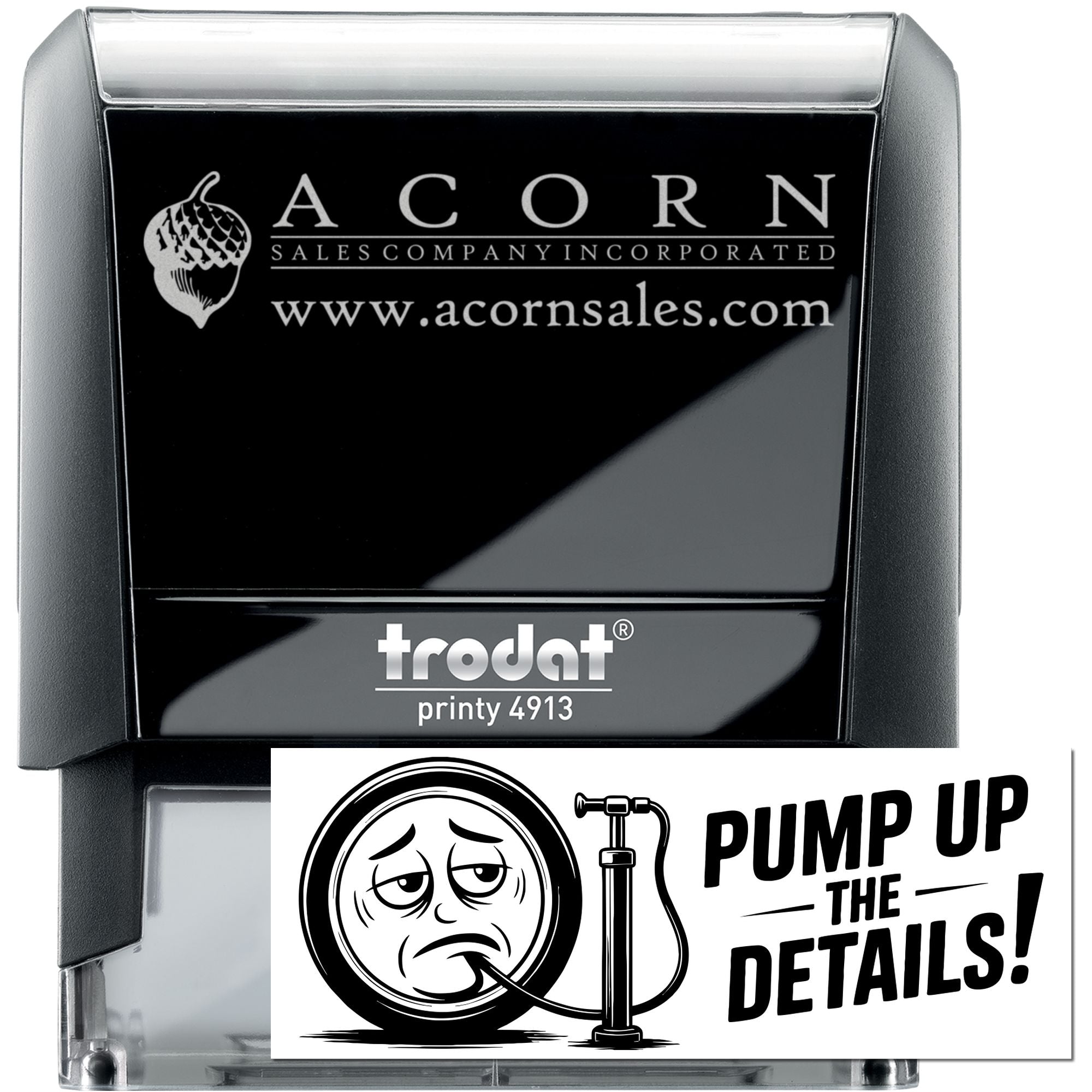 Custom self-inking rubber stamp for business branding, featuring Acorn Sales Company logo, website, and Trodat Printy 4913.