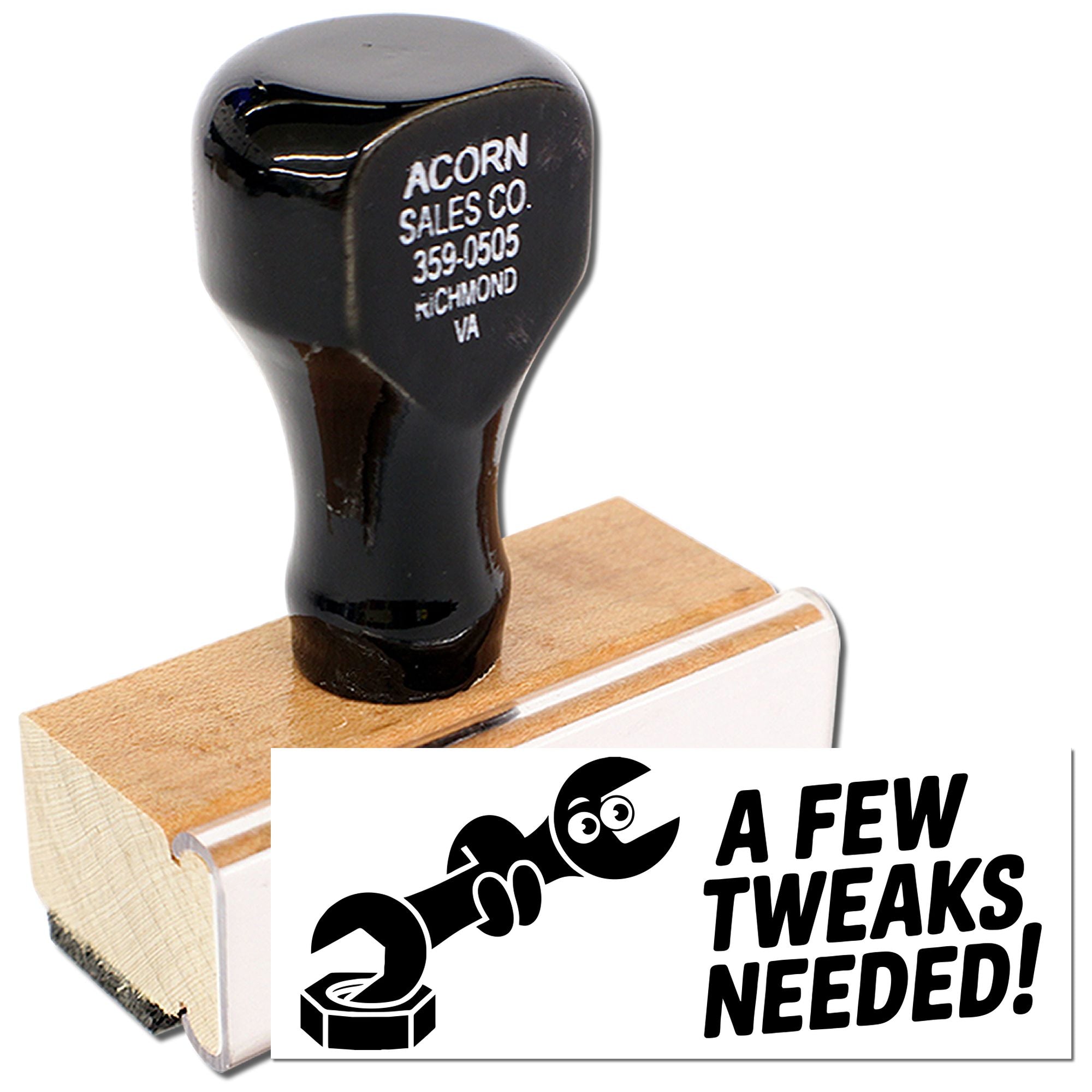 Custom rubber stamp reading A Few Tweaks Needed for quick document review, edits, and approval feedback.