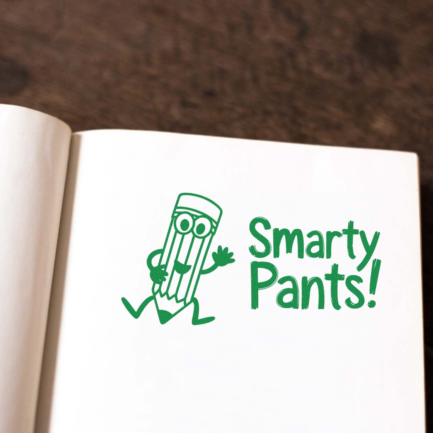 Smarty Pants! green rubber stamp design with cartoon pencil for teacher rewards, school projects, and custom stationery.