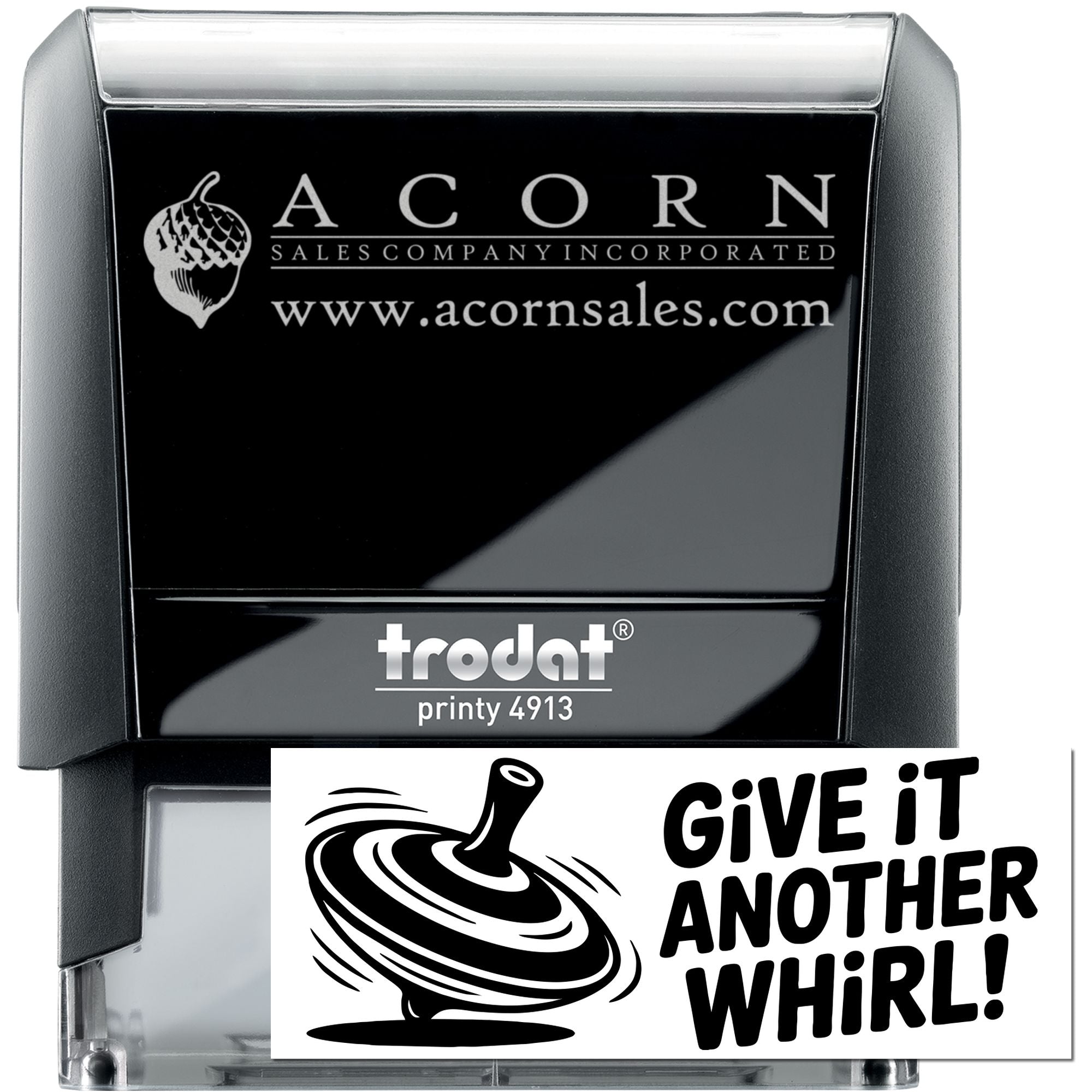 Trodat self-inking custom rubber stamp with Acorn Sales logo and website for business branding.