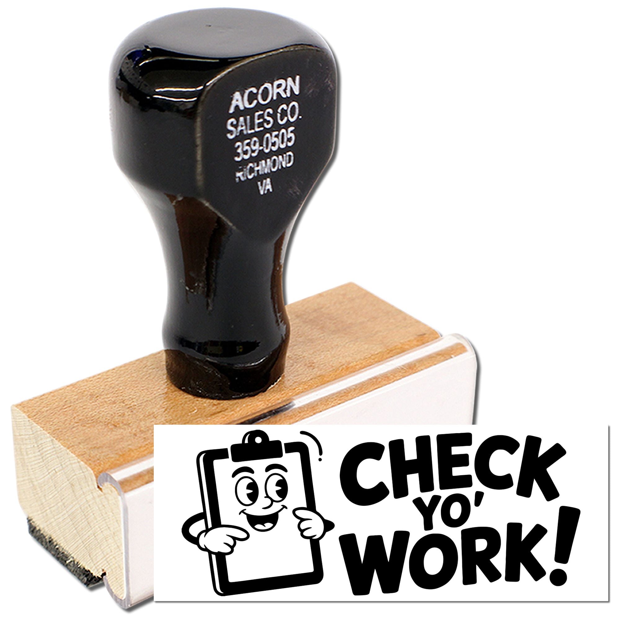 Custom rubber stamp with Check Yo Work! design for office proofreading, quality control, and branded business stamping.
